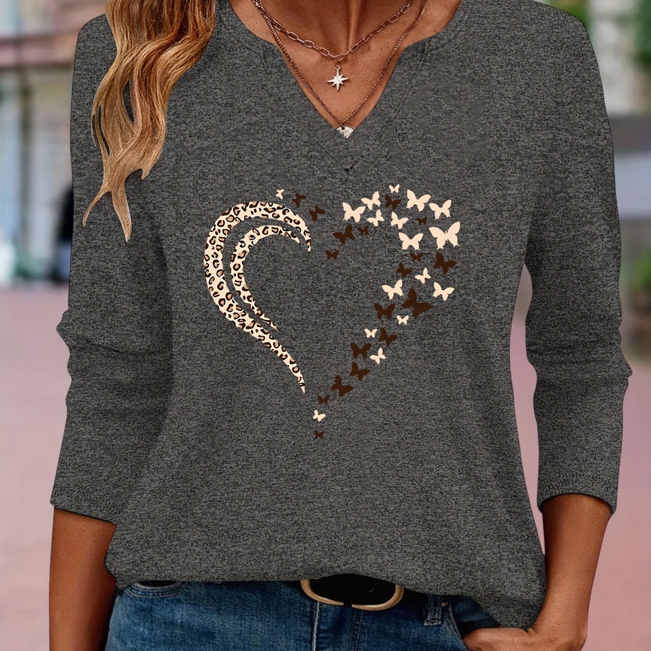 TEMU Heart And Pattern European And American Women' Simple Comfortable V-neck Three-quarter Sleeve T-shirt_1