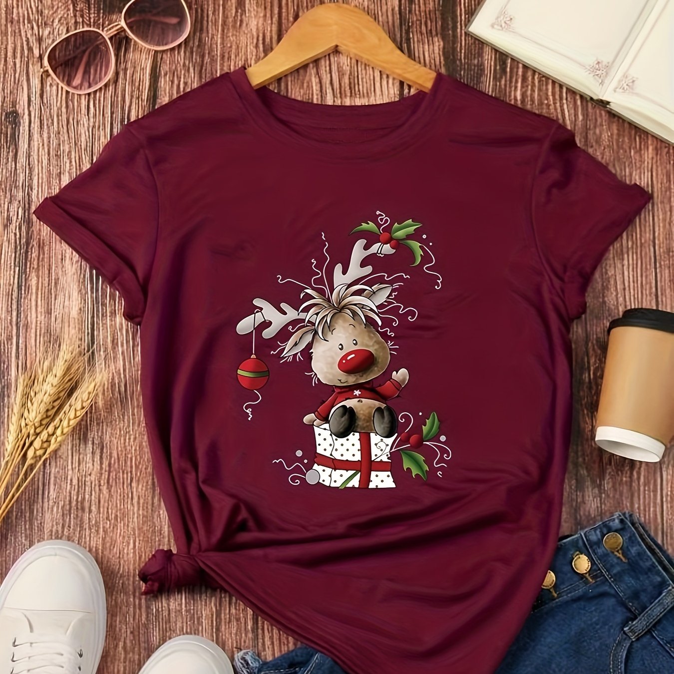 TEMU Women's Christmas Reindeer Print T-shirt, Casual Crew Neck, Polyester Knit Fabric, Regular Length, For All