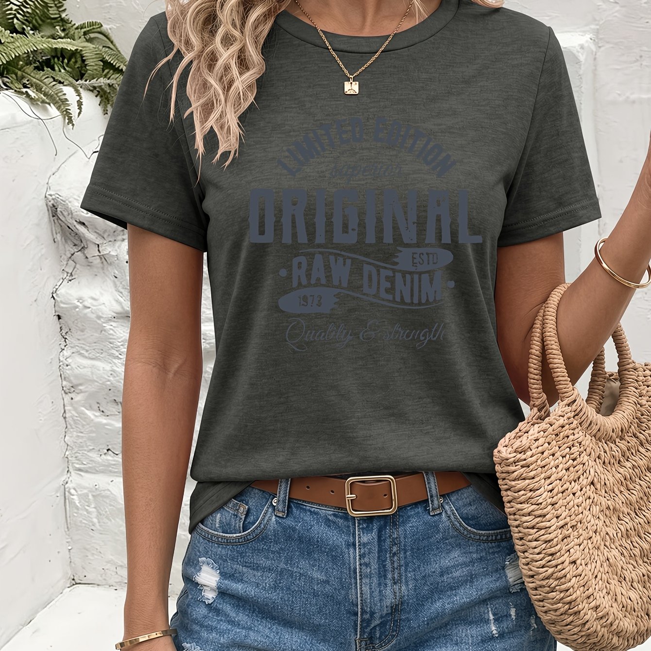 TEMU Original" Letter Print Round Neck Colored Short Sleeve T-shirt, Versatile For Commuting And Dating, Suitable For Campus Life, Travel Vacations,
