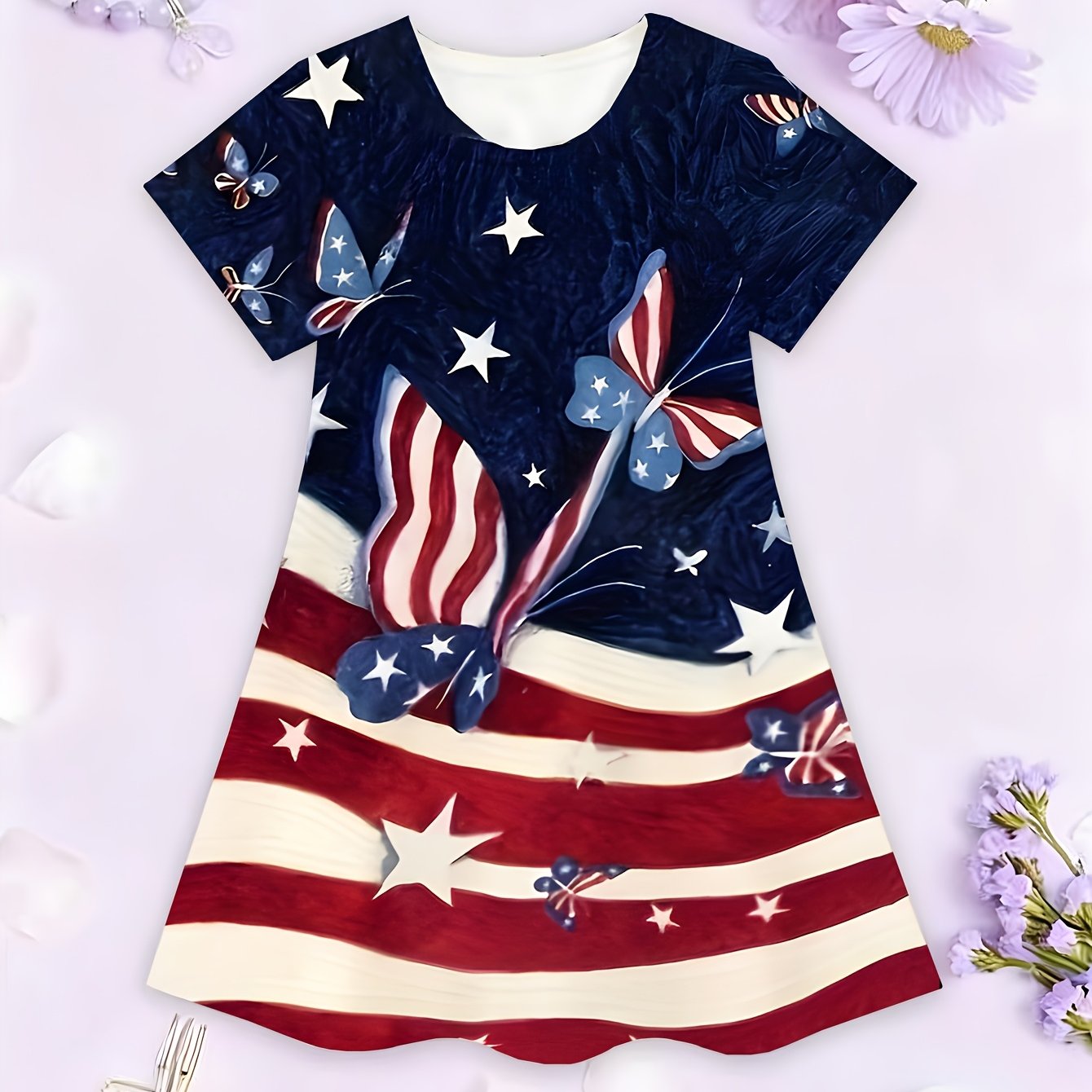 American Day Style Star-striped Dress For Girls, -blocking Short-sleeve Children's Princess Dress, Super , Machine Washable, For A Gift To Children