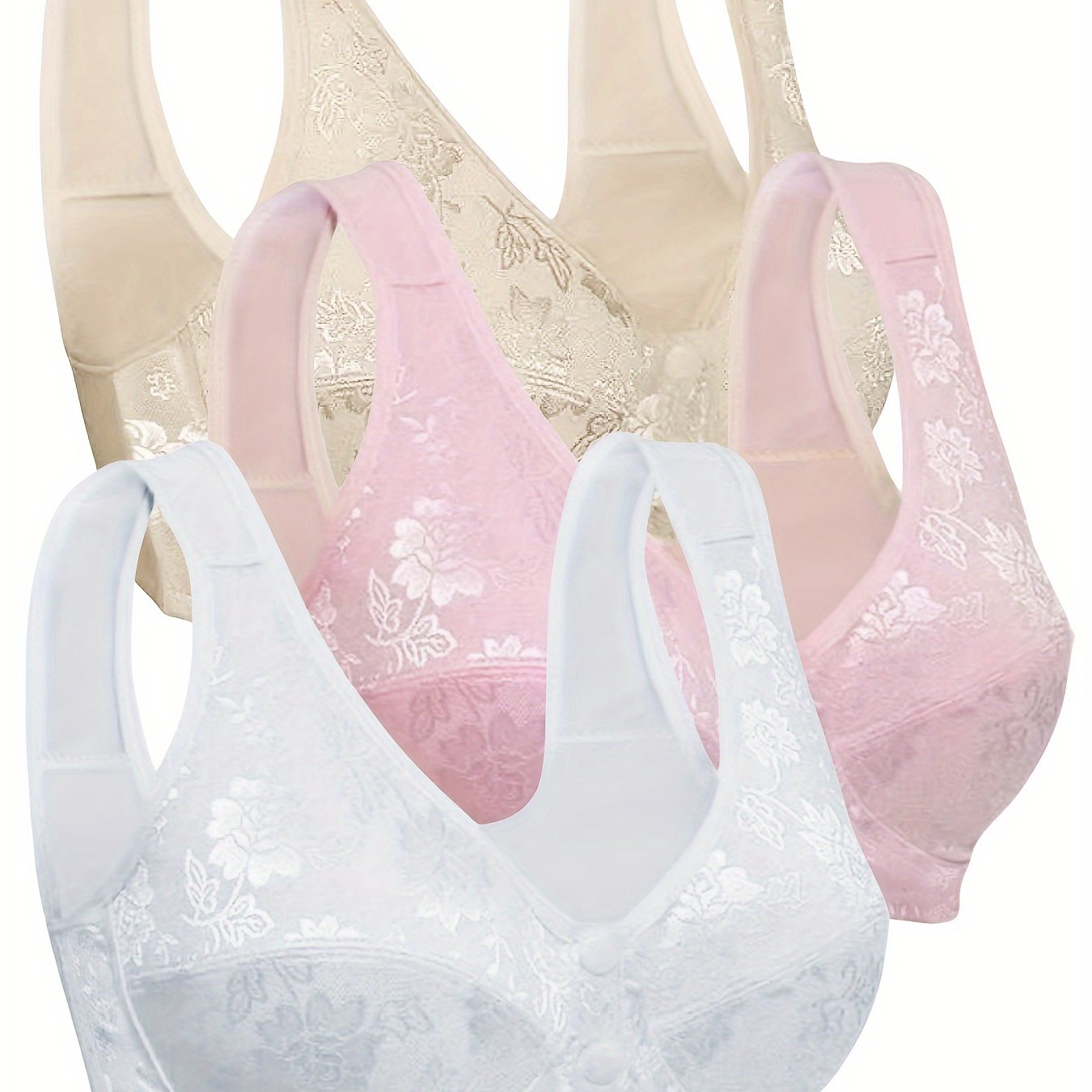 Image of 3-pack Upgraded Wire-free Front-closure Vest-style Lace Bra For Middle-aged And Elderly Women, Thin Cup Push-up Bra, Mom Bra, Easy Bra With Cups