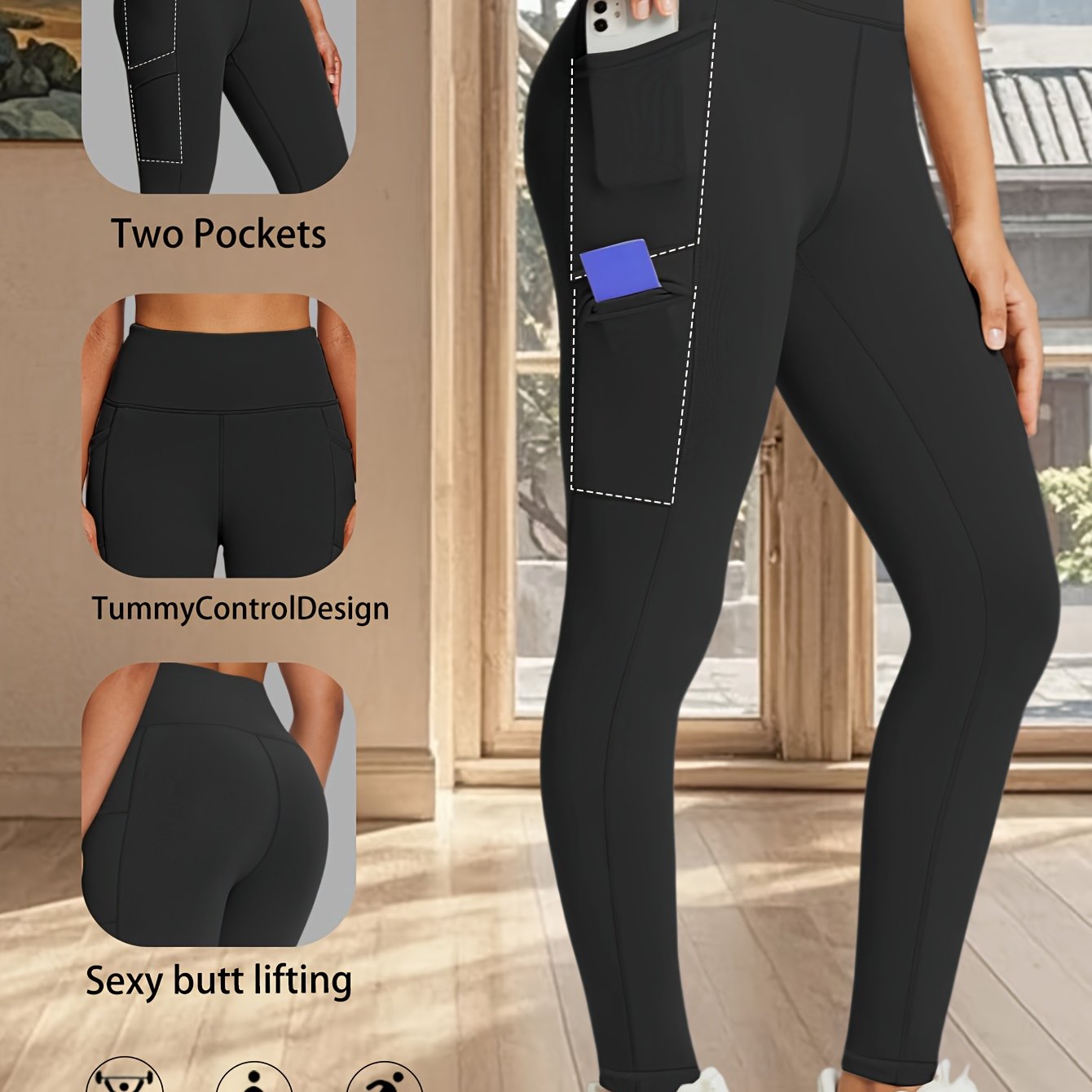 TEMU Women's Plus Size Fashion High-waisted Lifting Sports Yoga Pants With Invisible Side Pockets, Tummy Control Shaping Leggings For Sports And