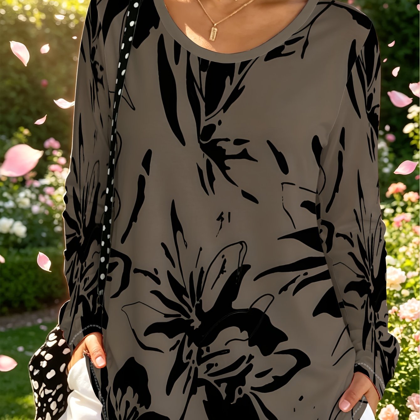TEMU Plus Size, Plus Size Casual Swear Women's Black Floral Print Loose Long Sleeve Top, Women's Fashion Casual Pullover