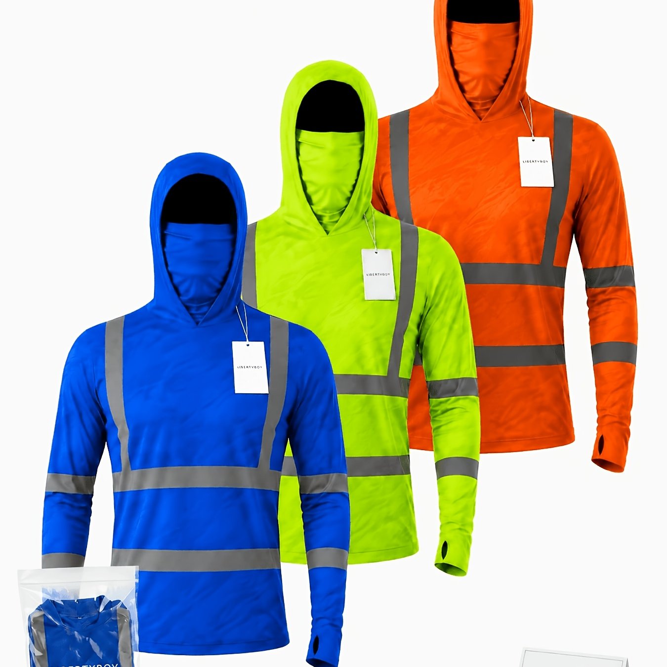TEMU 3pcs Men's 3d Hooded Long Sleeve Top With 2 Reflective Mesh Vests, Integrated Face Cover, Thumbhole Cuffs, Outdoor Sport Layering Set, Hoodie