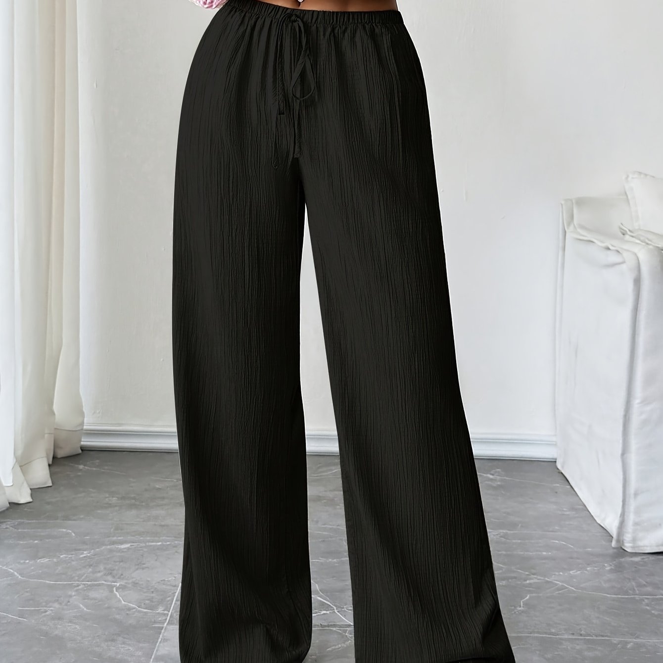 TEMU Directional Style Drawstring Straight-leg Pants, Wide-leg Casual Trousers For Women, Fashion Solid Color Women's Long Pants
