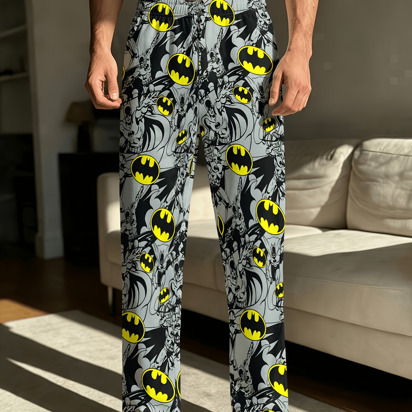 TEMU 1pc, Men's Batman Comic Theme Print Long Pants, Dark Gray Background With Black Batman Comic Scene, Featuring Symbol, American Comic Style And