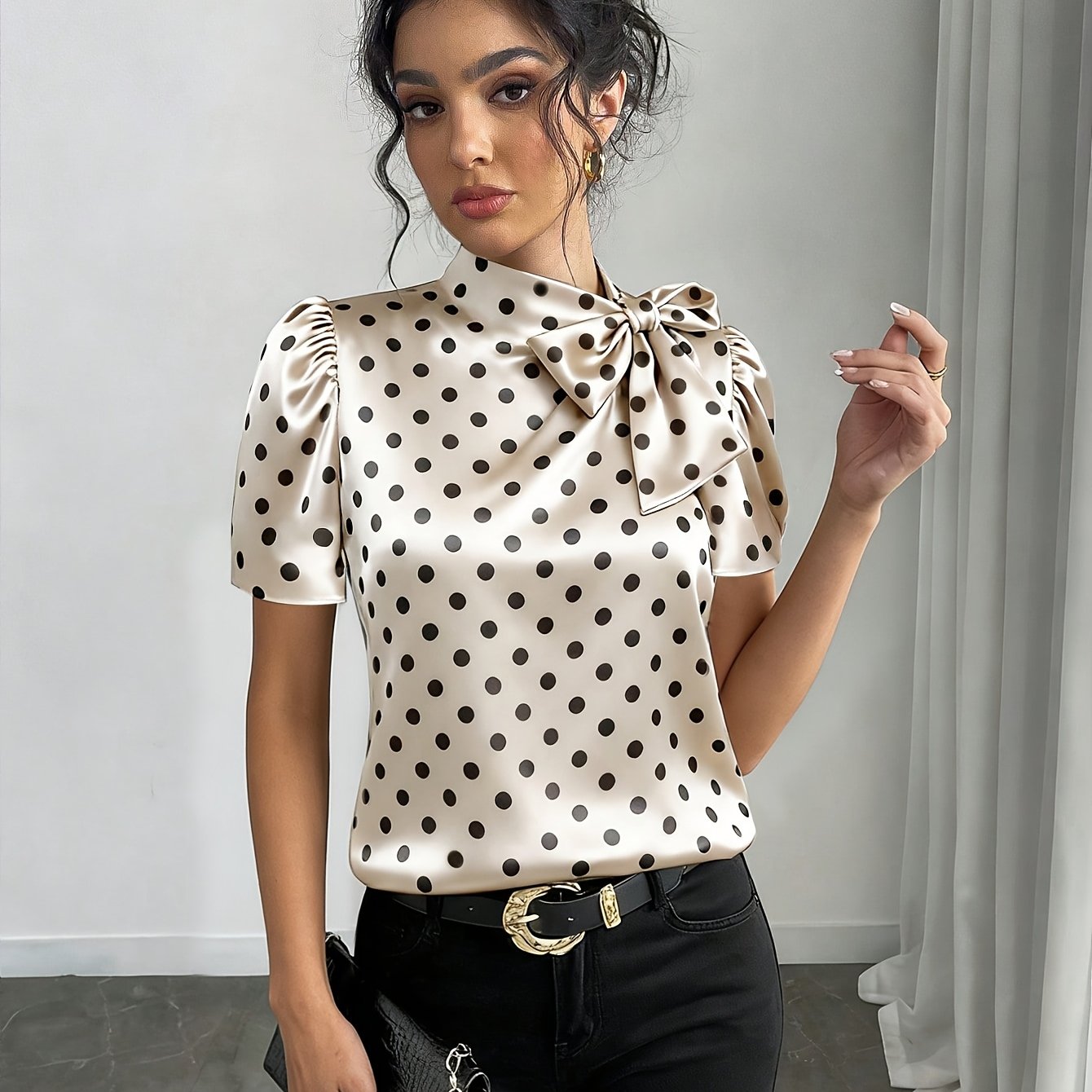 TEMU Elegant Women's Fashion Polka Dot Short Sleeve Shirt | Tie Neck, , Summer Season