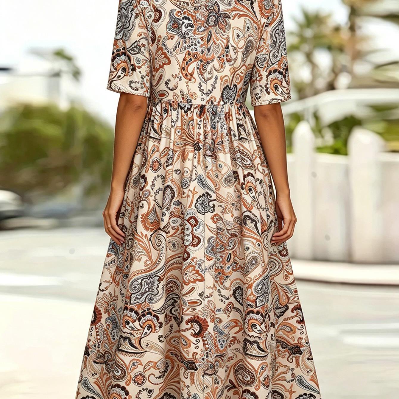 Image of Women's Summer Midi Dress With 5/4 Sleeves, Vintage Warm Tones, Paisley Floral Print, Round Neck, Loose A-line Swing Midi Dress With Side Pockets, Retro Bohemian Exotic For Beach And Daily Shopping