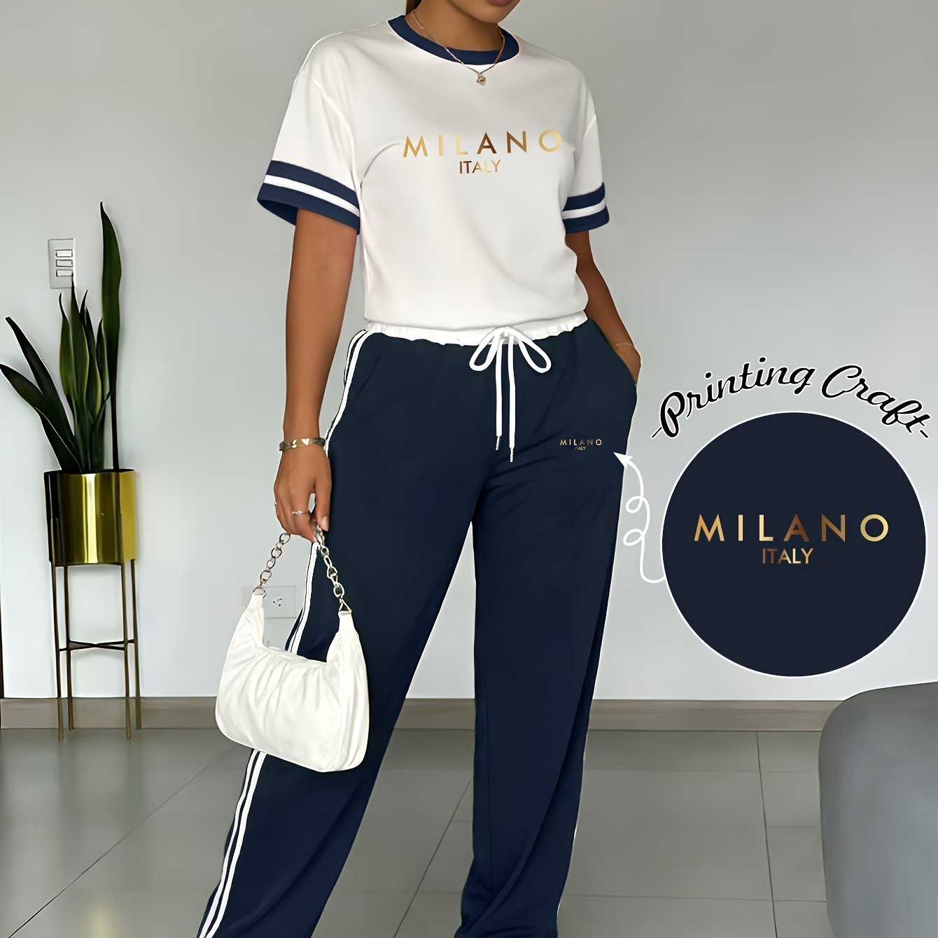E-shop Damen Freizeitset, Milchfarbenes Kurzarm-T-Shirt mit Rundhalsausschnitt und lange Freizeithose - Einfaches Buchstaben-Print-Design - Mehrfarbige