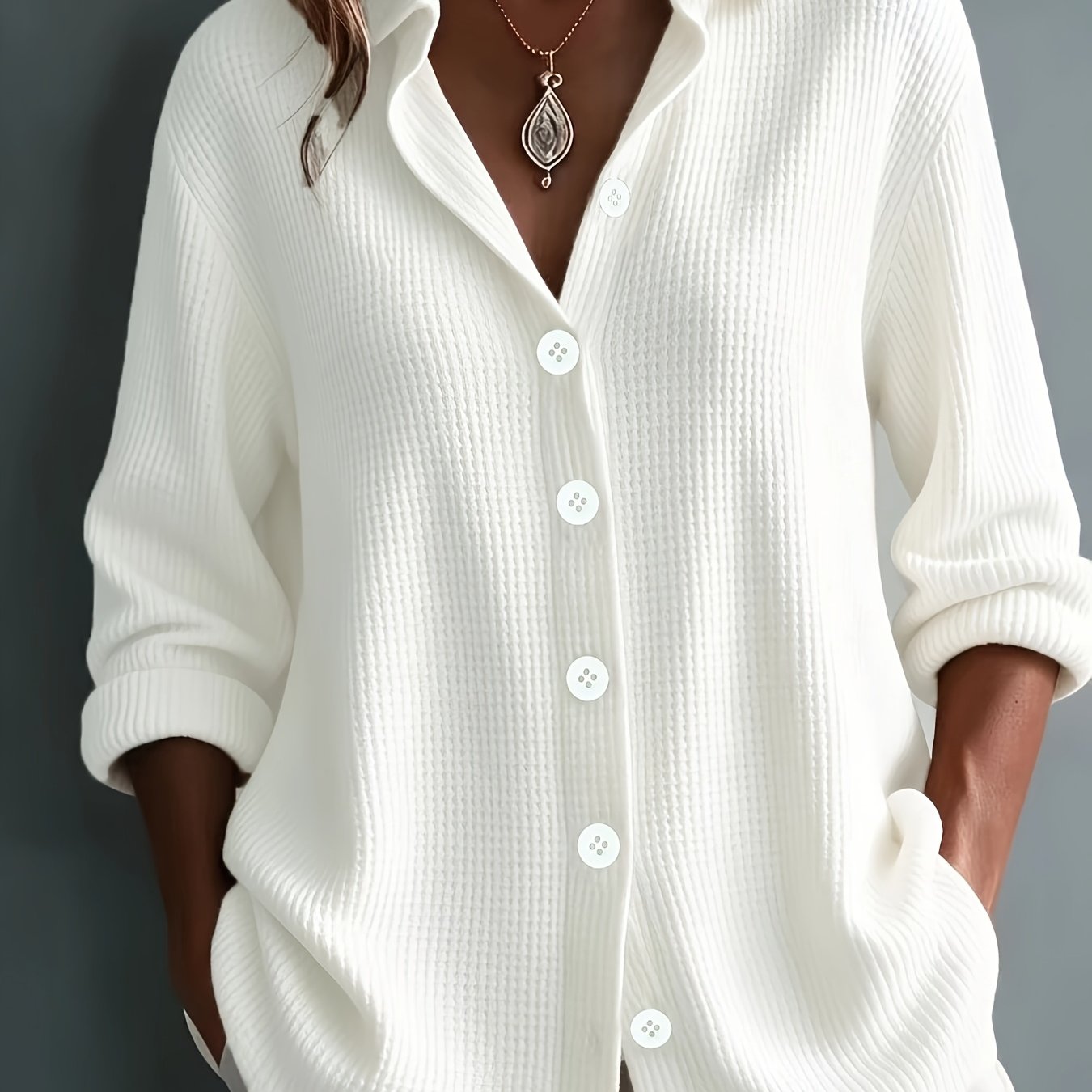 TEMU Plus Size - Western Herbst Winter Einfarbig Schnalle Revers Langarm Top
