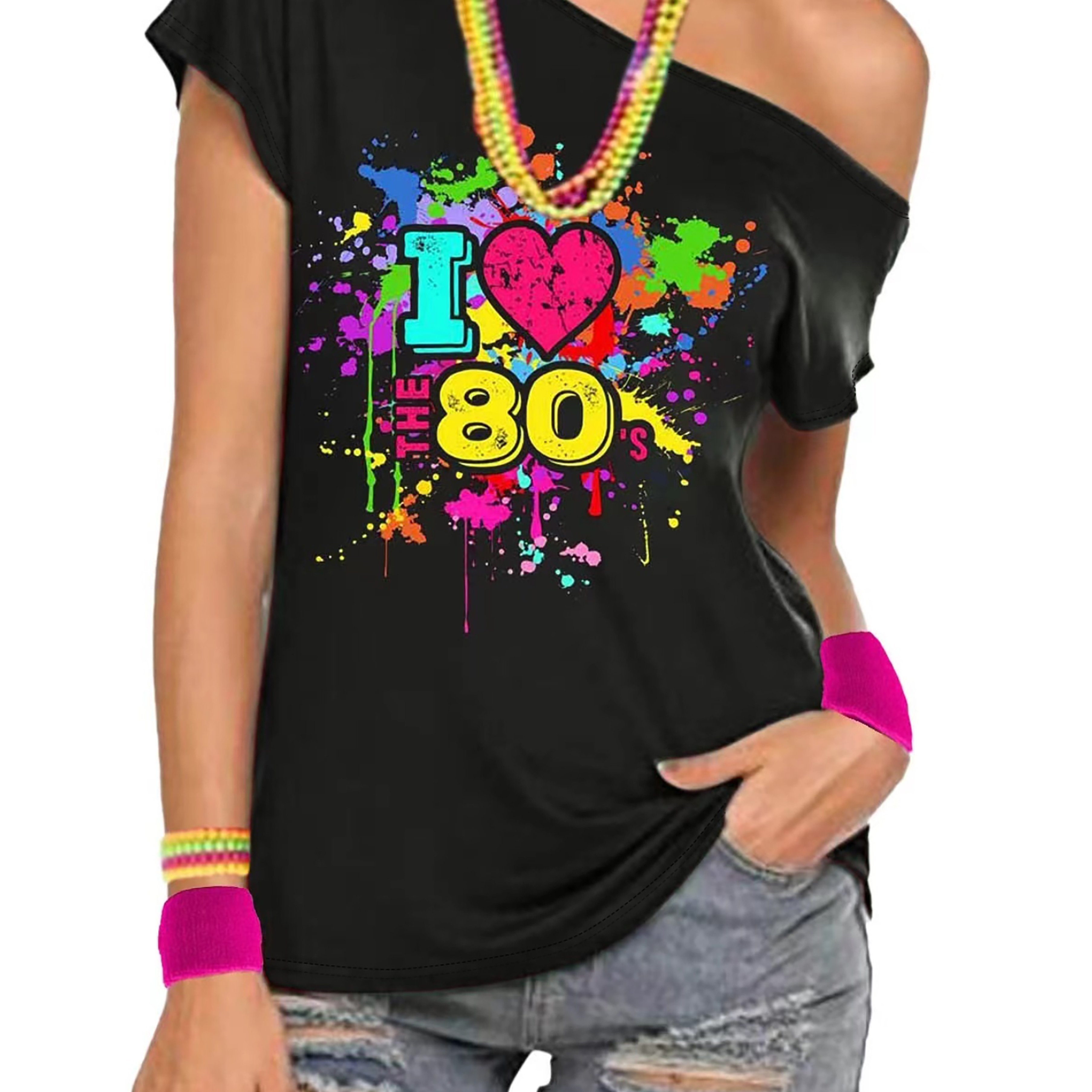 Image of Retro-inspired "i Love The '80s" Off-shoulder T-shirt For Women - Sexy, Slim Fit With Vibrant Graffiti Splash Graphic, Polyester, Machine Washable - Perfect For Nostalgic Parties