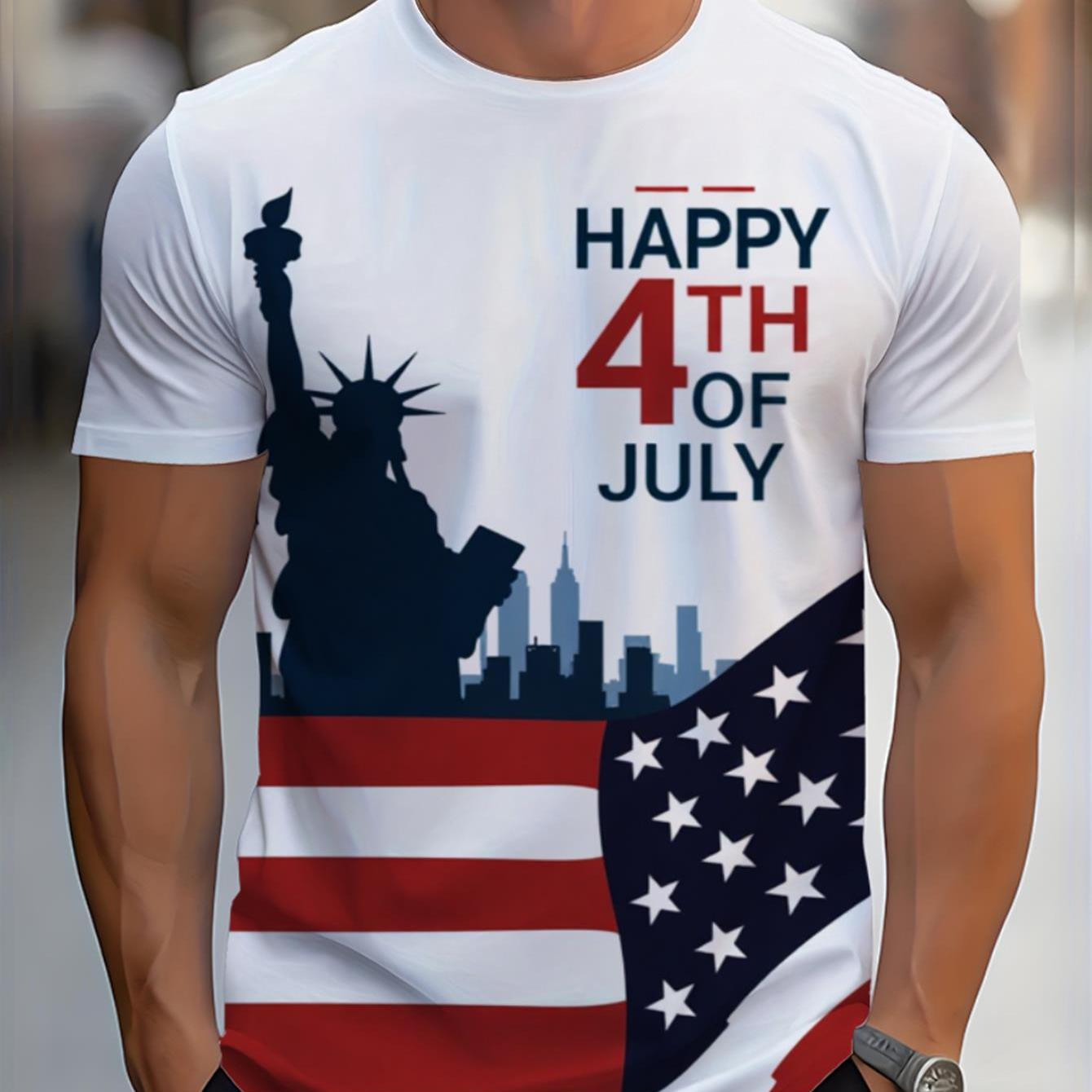 TEMU American Day Print Men's T-shirt, Statue Of Flag Silhouette Happy Pattern Short Sleeve Loose Breathable Round Neck Top, Patriotic Style Festive