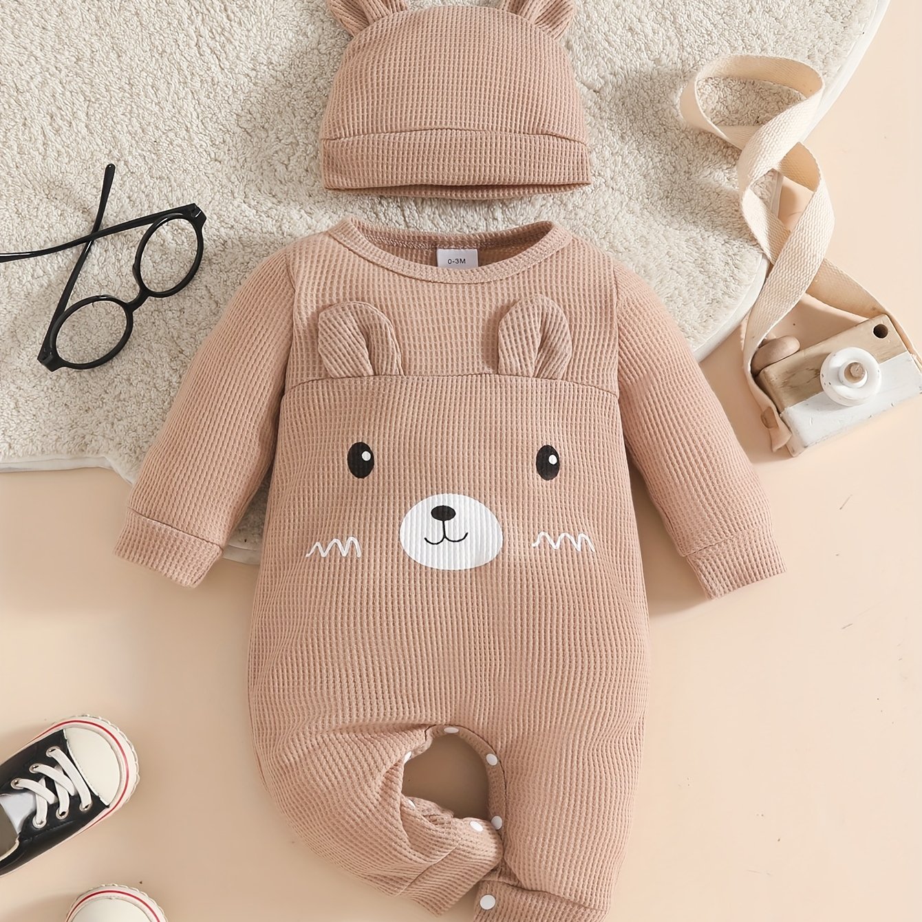 Adorable Printed Long-sleeve Romper With Hat, Outdoor