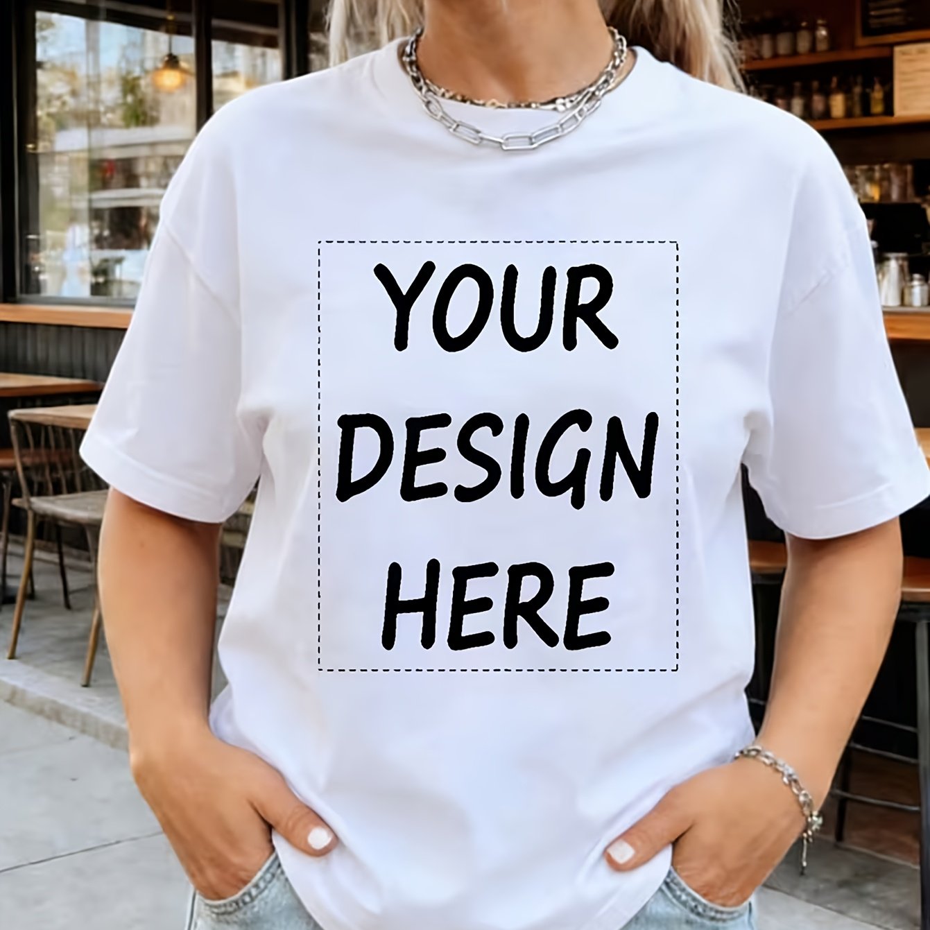 TEMU Customizable Photo And Text Print Women's Casual Short Sleeve T-shirt - Breathable , Round Neck, Black And White Suitable For Weddings, Parties,