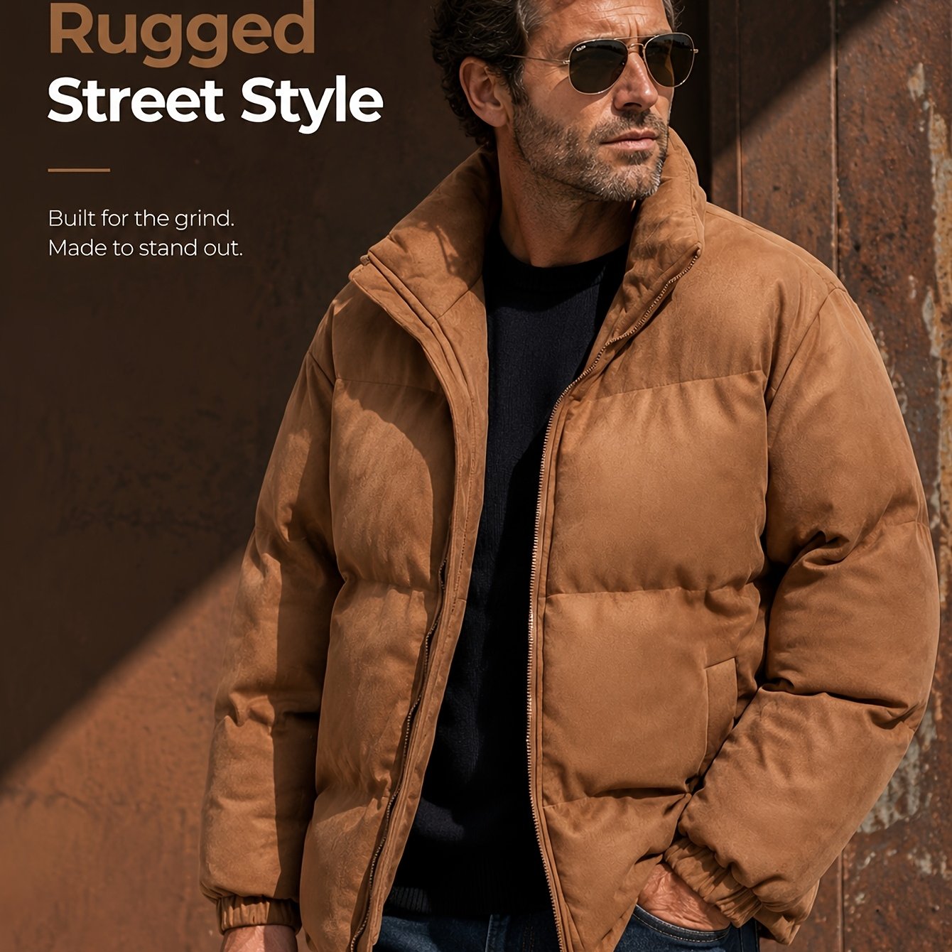 Image of Men's Retro Workwear Jacket, Faux Texture Stand Collar Zip-up Warm Padded Coat, Casual Winter Outerwear
