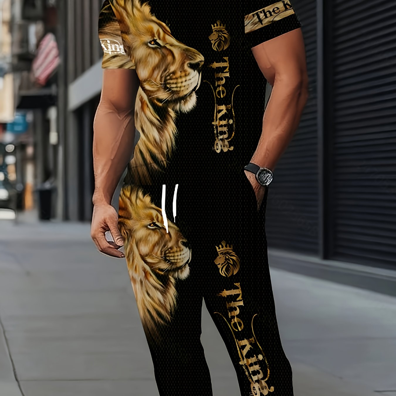 TEMU Men's Athletic Suit | Elegant Casual Round Neck | Stretch Knit 3d Print | Regular Fit 2pcs Set | Patterned Short Sleeve T-shirt And Long Pants