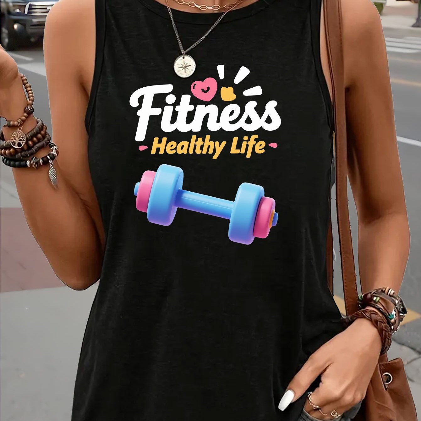 TEMU 1 pieza | casual | Camiseta sin de cuello para mujer, diseño divertido, estampado de de fitness y salud, para ropa de entrenamiento