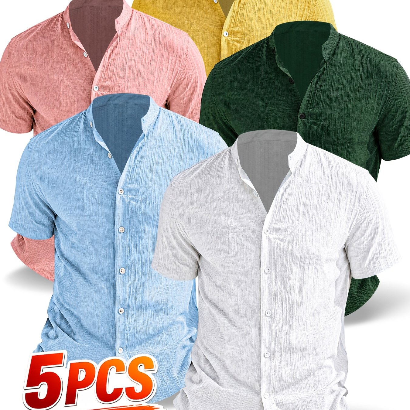 TEMU Obm 5pcs Men's Summer Short Sleeve Shirt - Lightweight Breathable Solid Color Button-up Casual Shirt With Stand Collar, Machine Washable For