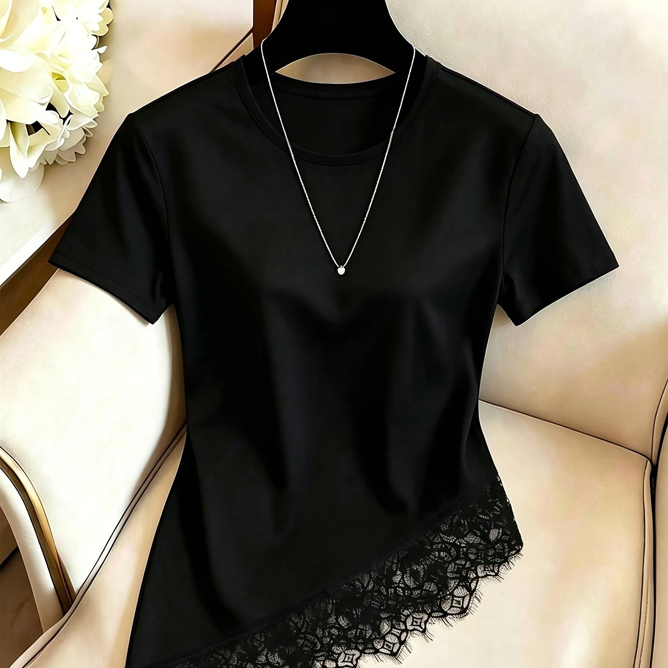 TEMU Women's Summer New Fashion Easy Casual Solid Color Lace Asymmetrical T-shirt Top