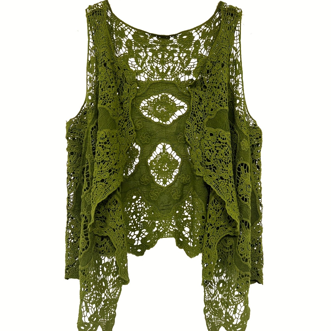 Irregular Sleeveless Cardigan With Front Long And Back Short Design, Embroidered Cut-out Cardigan Vest