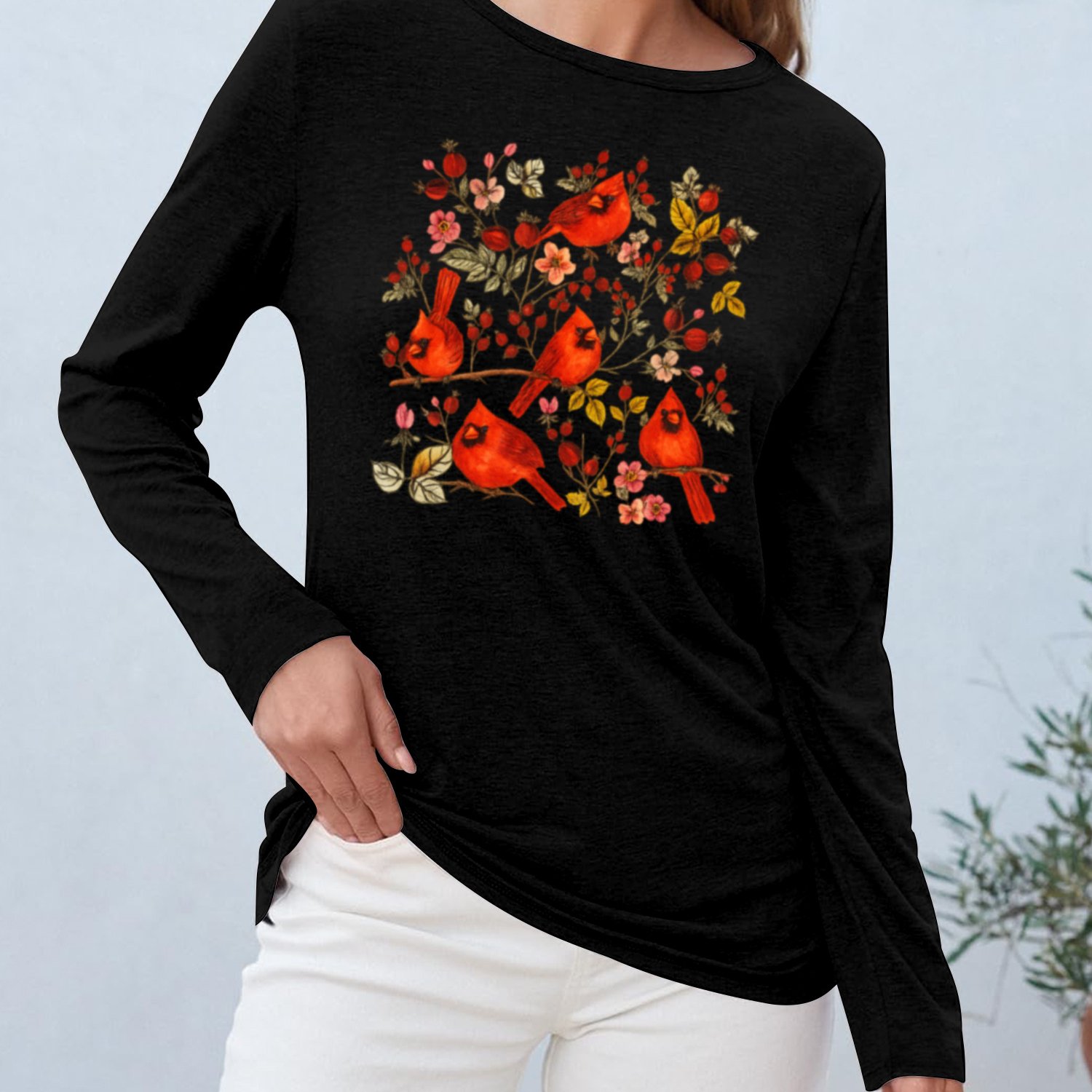TEMU Magpie And Flower-themed Women's Long-sleeved, Casual Long-sleeved T-shirt, Medium , Fashionable Style, Round-neck Top