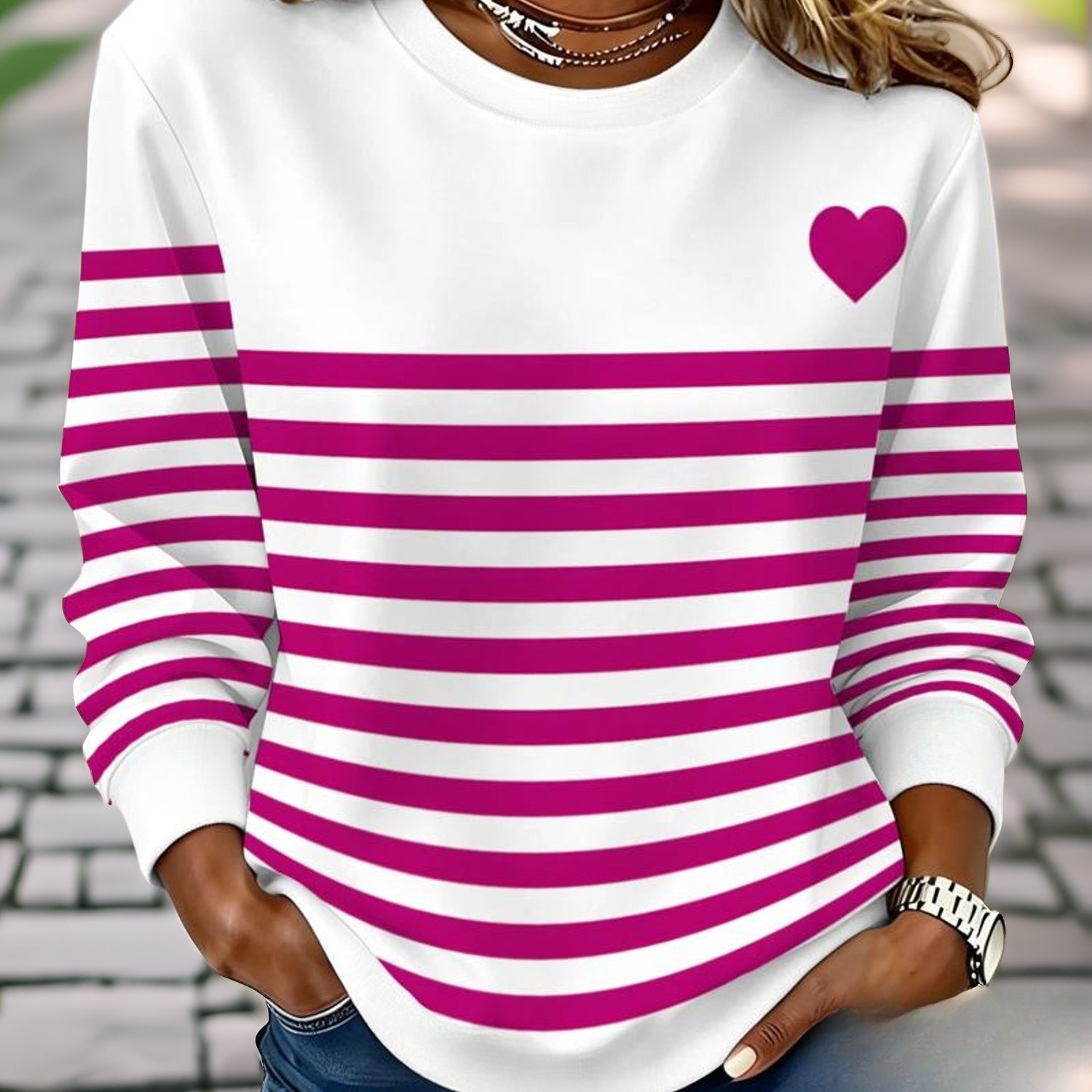 TEMU Printed Design – Not Textured 2026 New Style – Horizontal Striped Heart Print – Round Neck Sweatshirt Women's Loose Top – Casual Commuter