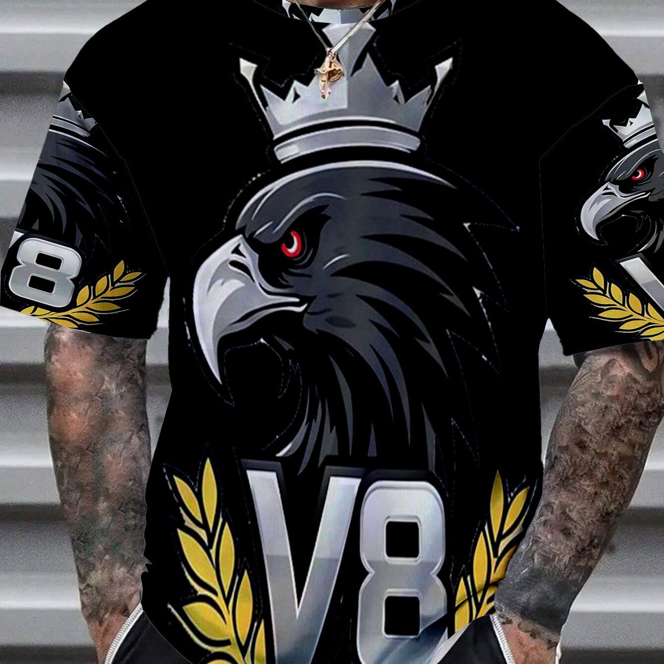 TEMU Men's Golden Pattern T-shirt - Street Style With Crown And V8 Logo, Breathable Short Sleeve Crew Neck Casual Shirt, Suitable For Outdoor