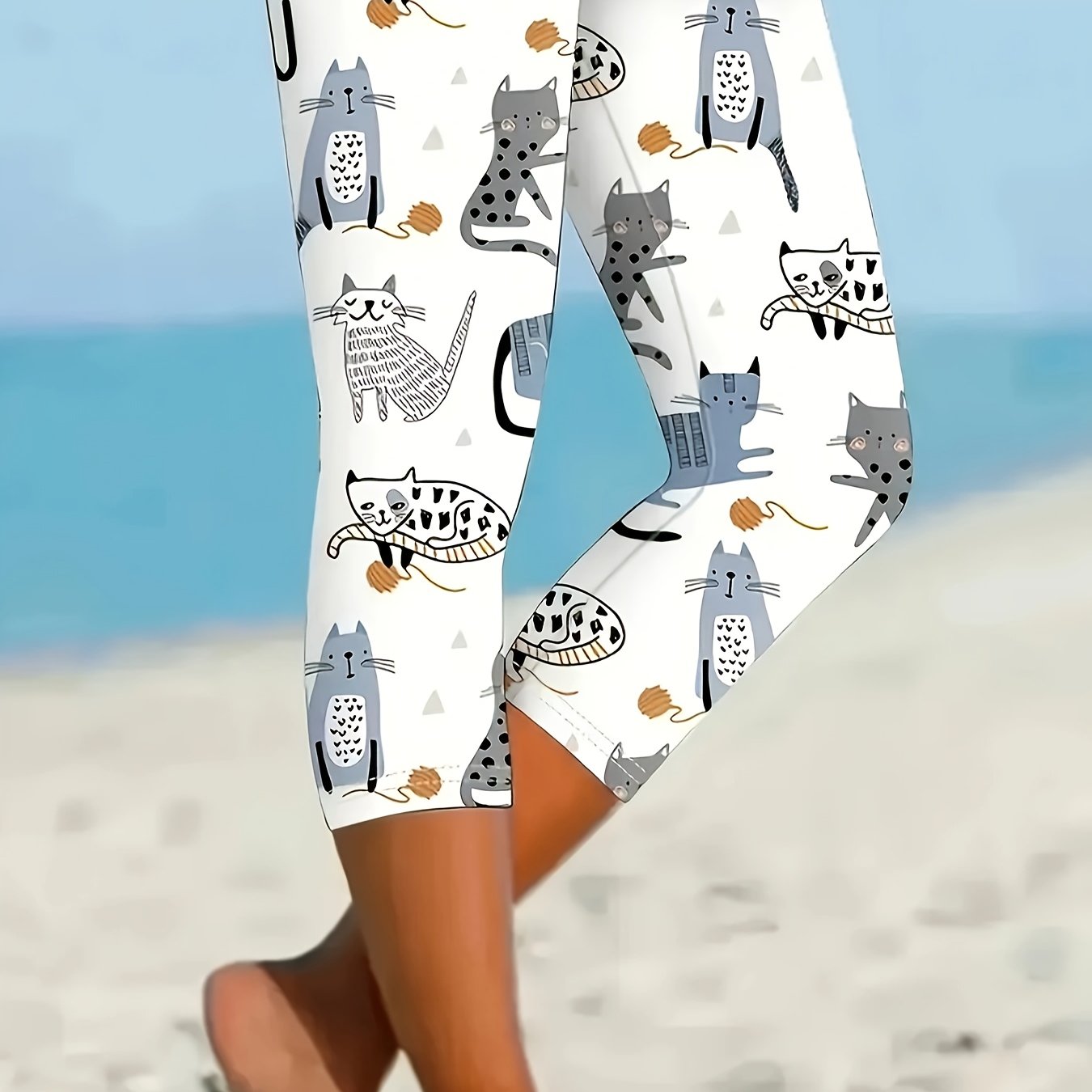 E-shop Damens Elegante Katzen-Print Capri-Leggings - Dehnbare 7/8 Yoga-Hosen mit Mehrfarbigem Tierdesign, Leichte Sommer-Sport & Freizeitbekleidung,