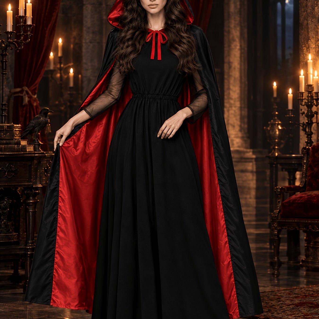 TEMU Reversible Hooded Cape Red Black Vampire Costume Women Double Sided Halloween Gothic Cosplay Medieval Vintage Long Cloak Adult Party