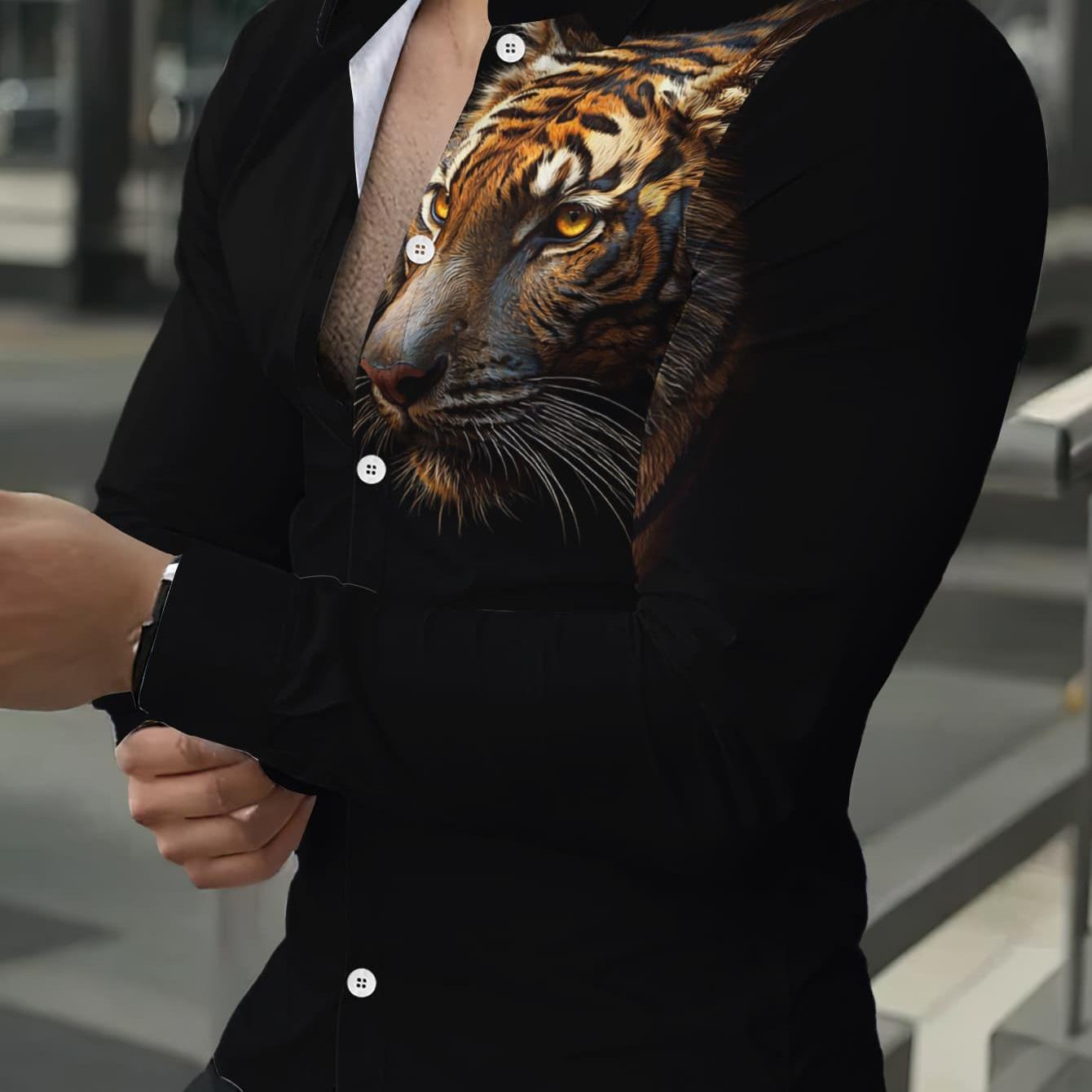 TEMU Men's Long-sleeve Shirt With Unique Tiger Print, Casual, Fashionable, Trendy, And Versatile Lapel Top