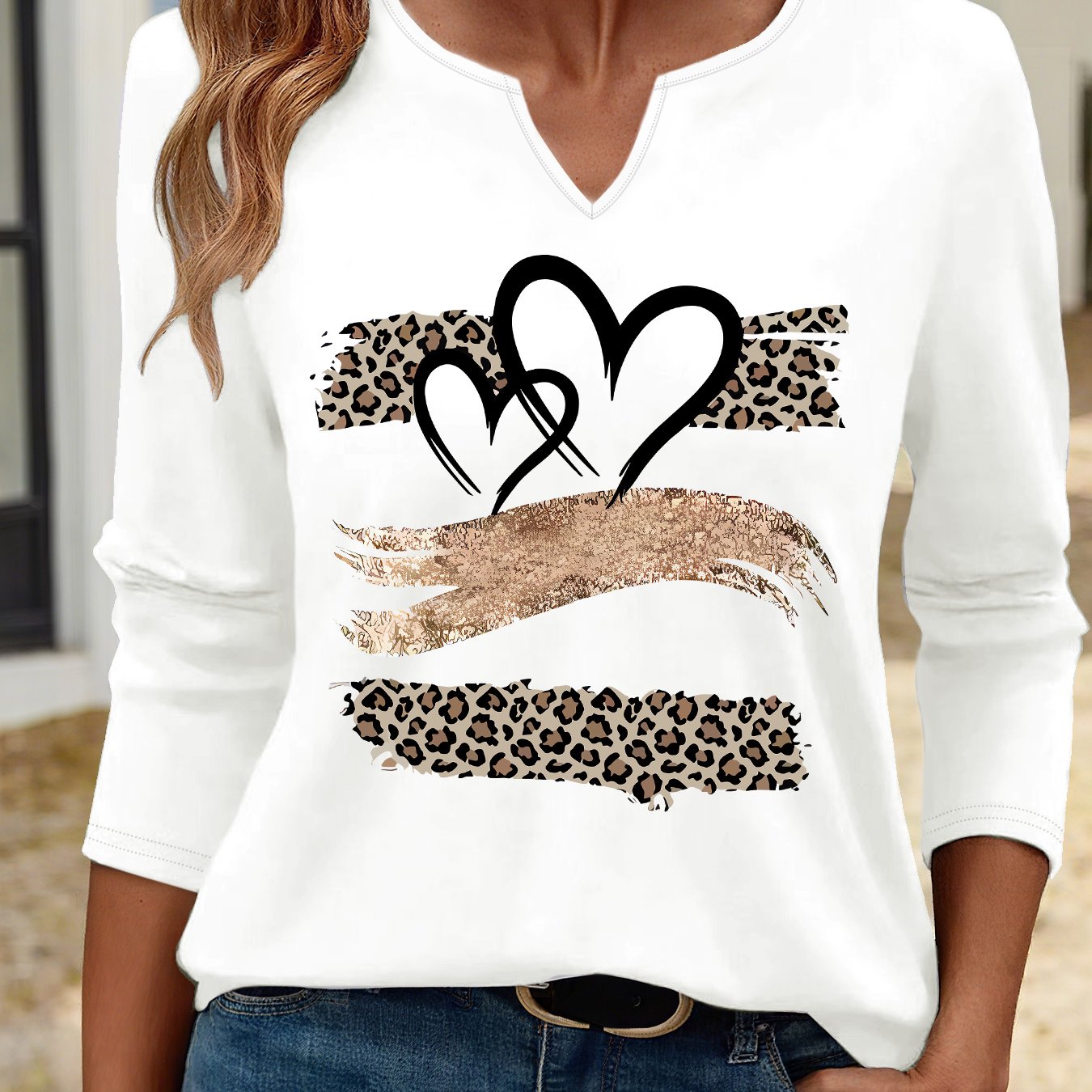 E-shop T-Shirt mit Grafikdruck, Langarm-Freizeitoberteil mit V-Ausschnitt für Frühling & Herbst, Damenbekleidung