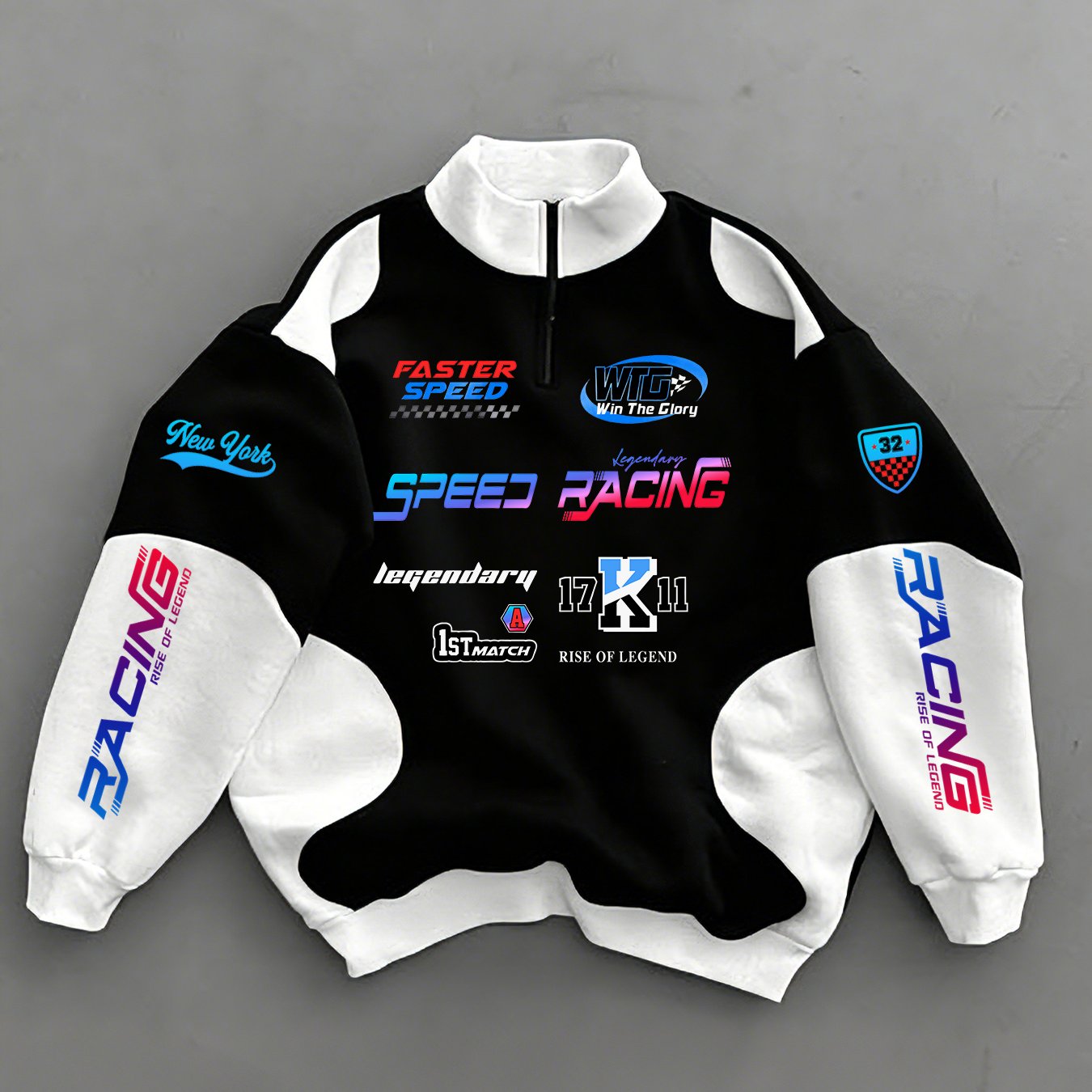 TEMU Racing Flag Print Half-zip Sweatshirt, Collar Design, Fall Winter Trendy Casual Pullover Sweater