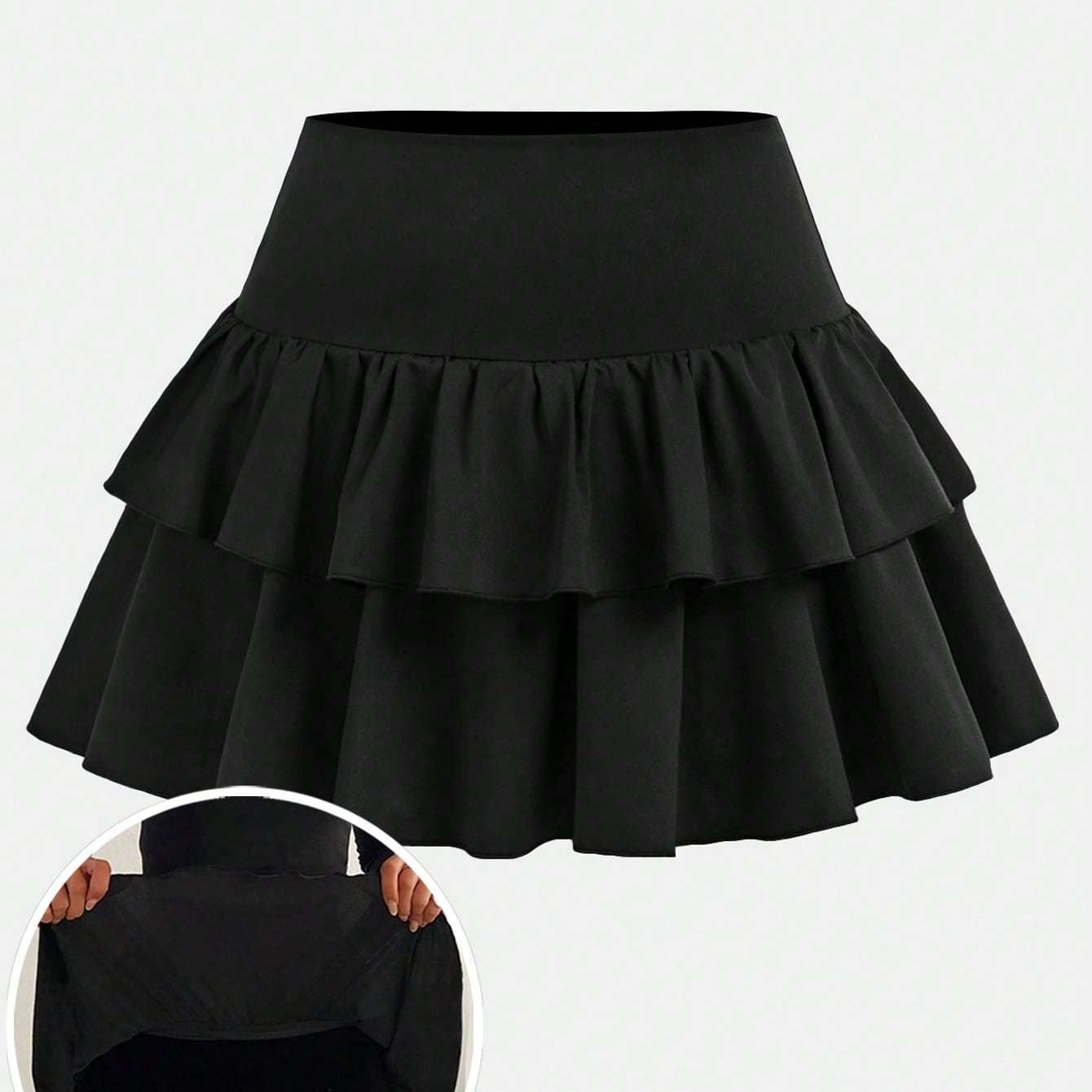 Image of A Stylish Black Skirt For Girls, Made From Stretchy And Skin-friendly Fabric That Fits The Body Well. -layered Hem Adds A Touch, Back To School Essentials, Autumn Essentials