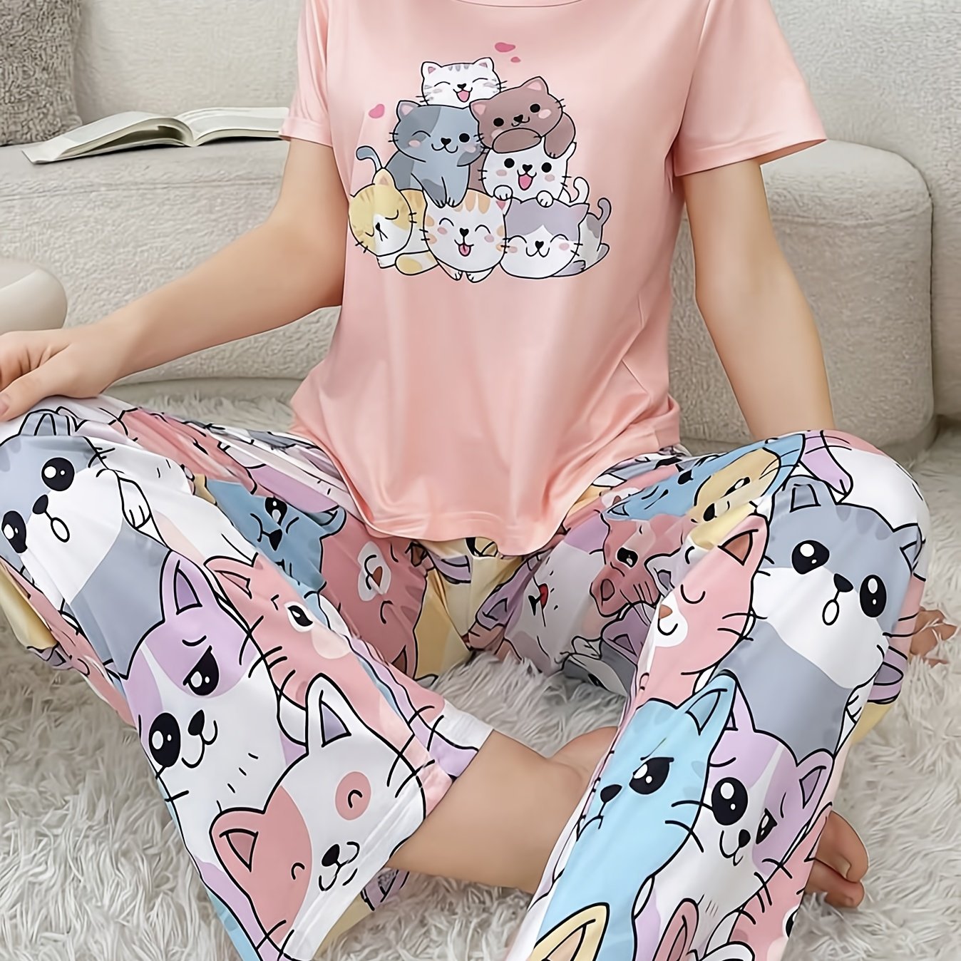 TEMU High Quality 2pcs Set, Women's Cute Cartoon Cat Pattern Pajama Set, Casual Round Neck Short-sleeved T-shirt Top And Stretch Trousers, Stretch