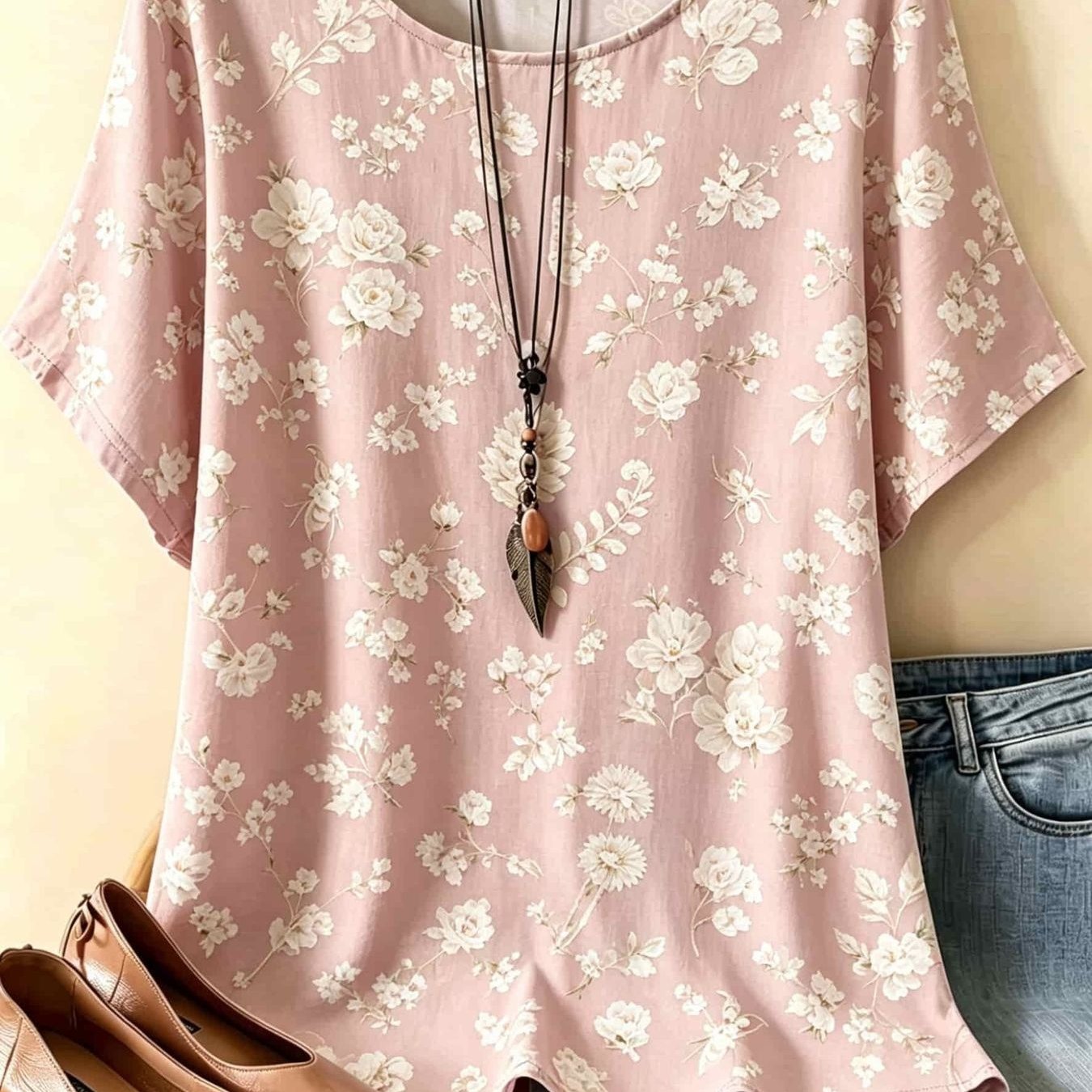 Plus Size, Plus Size- Women's Loose-fitting Short-sleeved Floral Print Shirt, Round-neck Top, Suitable For Casual Summer Wear, Pairs Well With Ballet Flats And Jeans
