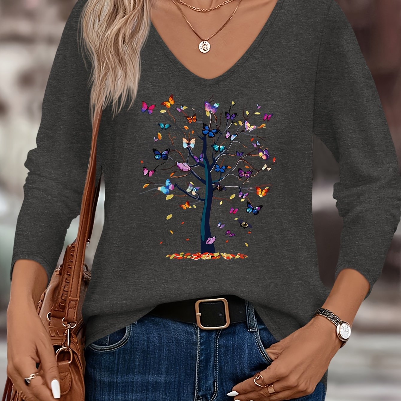 TEMU Tree Pattern Women's Autumn/winter Top, Daily Versatile Comfortable Color V-neck Long Sleeve T-shirt