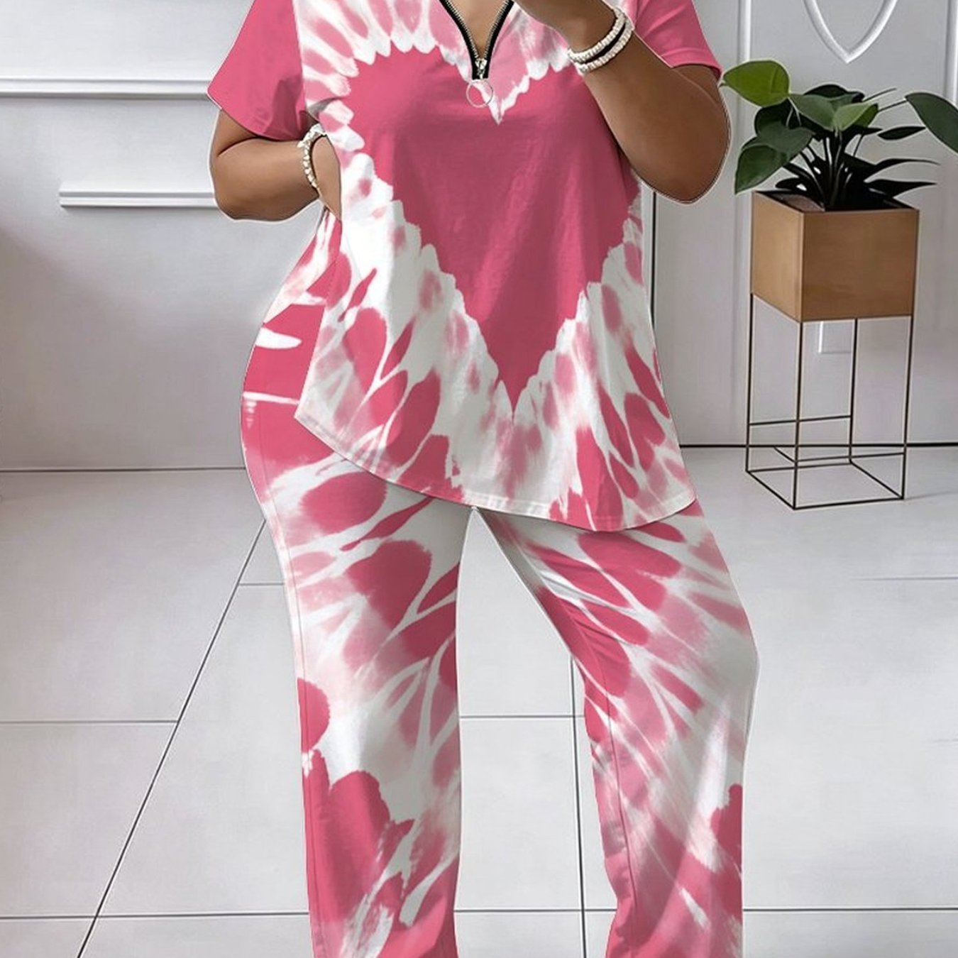 Plus Size - Women's Set, Plus Size Women's Set, Tie-dye Print, Casual Party, Comfortable Material, Trendy Short-sleeve Top, Comfortable And Breathable Pants Set