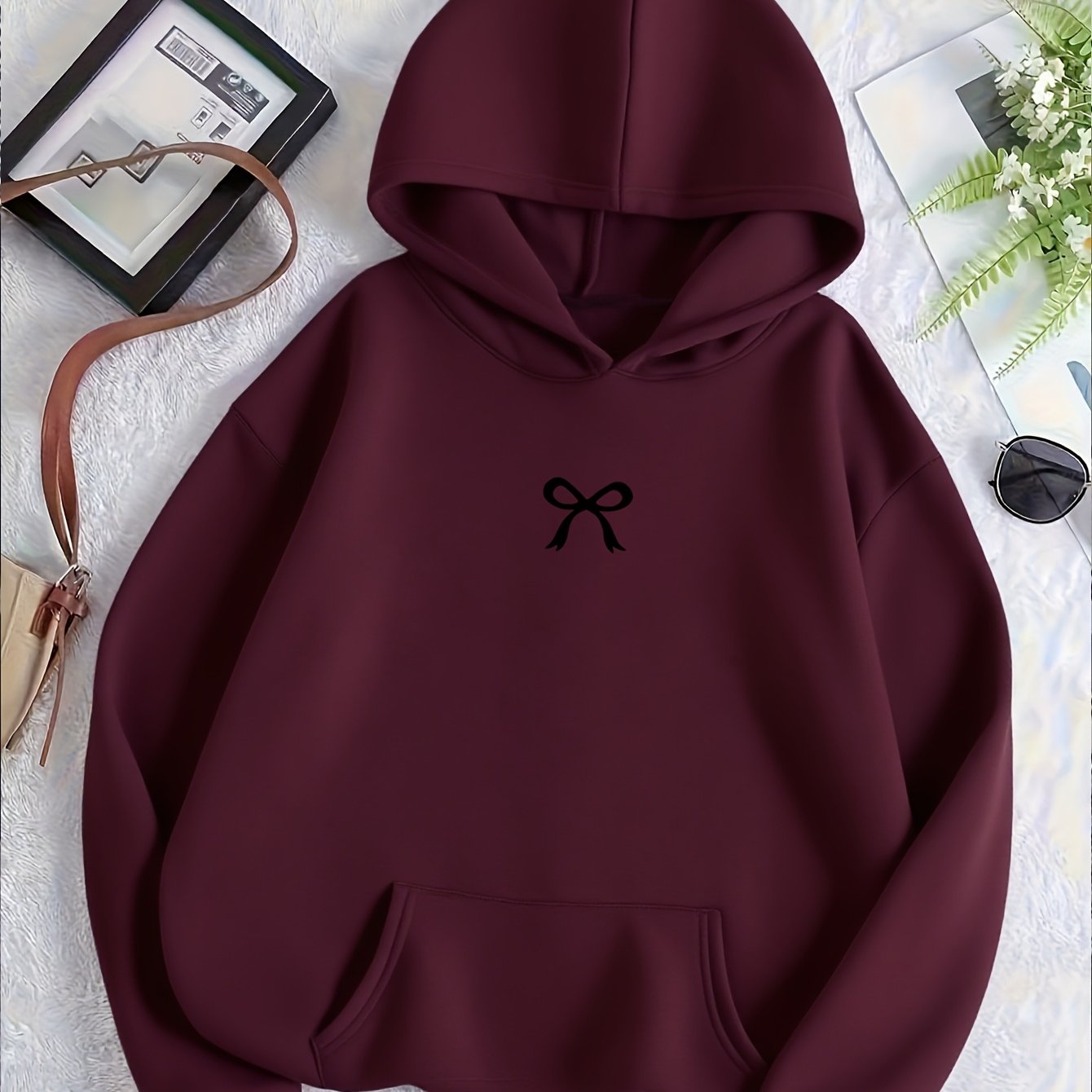 TEMU Women's Trendy Fashion Bow Pattern Kangaroo Pocket Warm Lined Hooded Sweatshirt