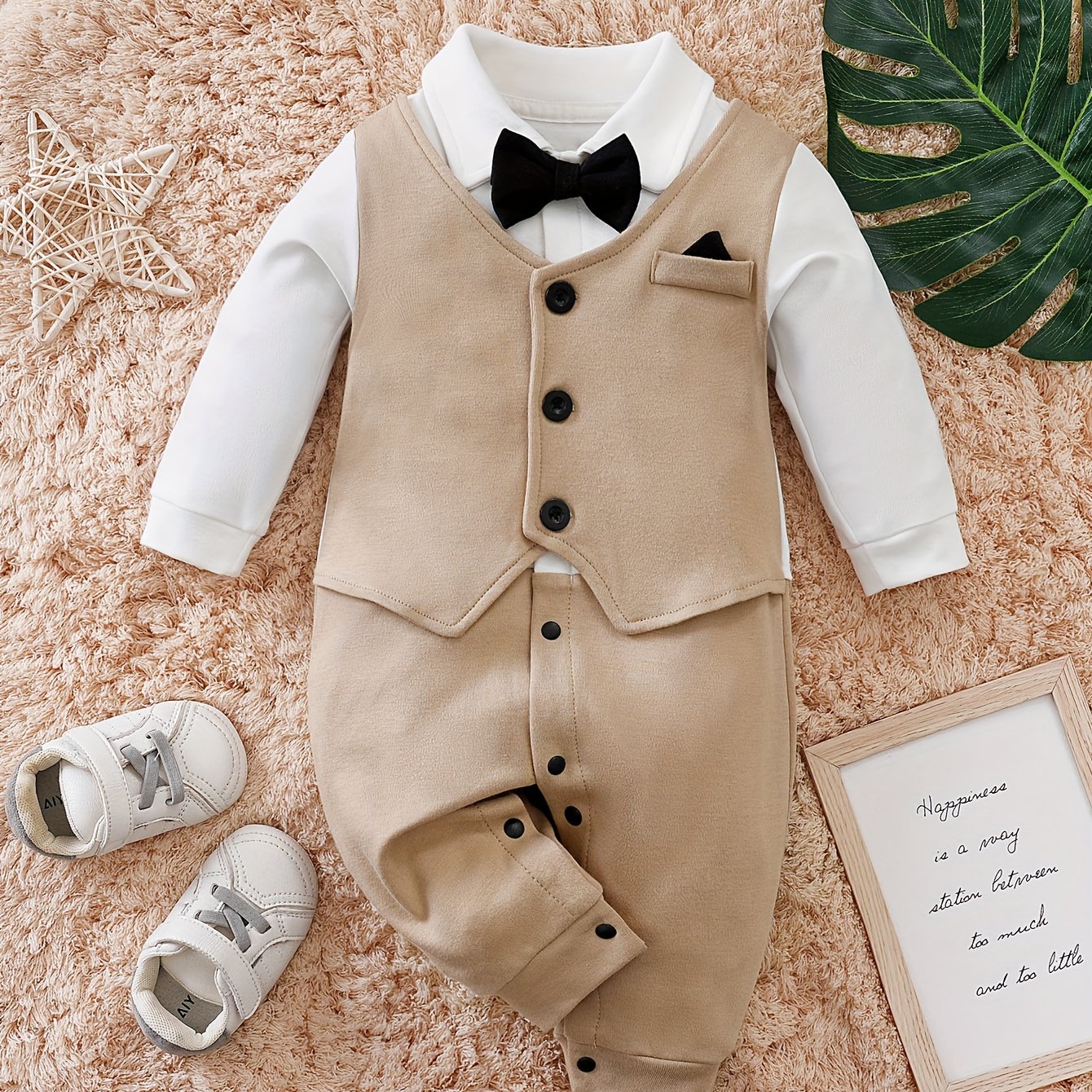 Image of Baby Khaki Vest Gentleman Bow Tie Long Sleeve Spring Autumn Bodysuit, For Outdoor