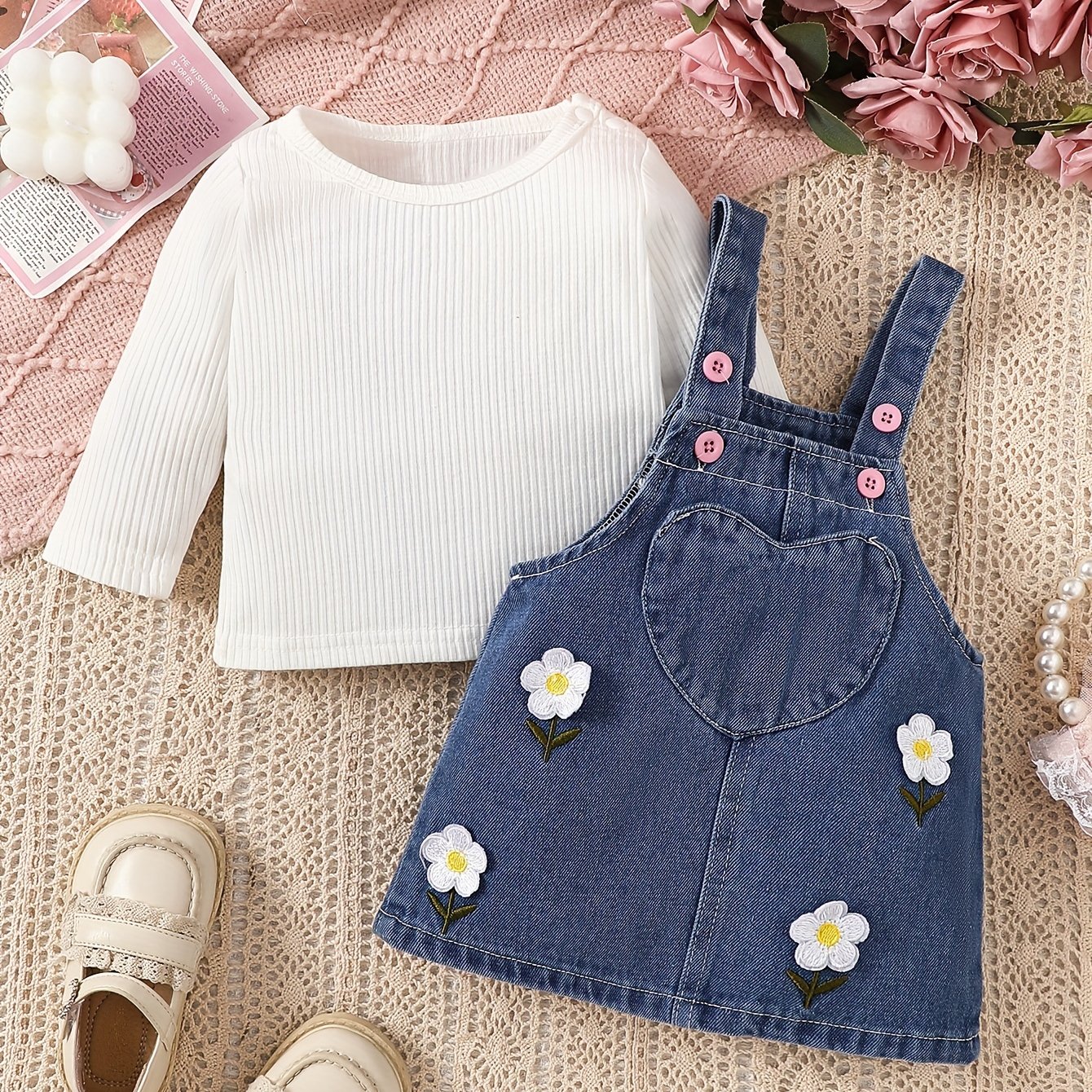 Image of Baby Girl Autumn And Winter Denim Embroidered Skirt Long-sleeved T-shirt Two-piece Set Floral Cute, For Outdoor
