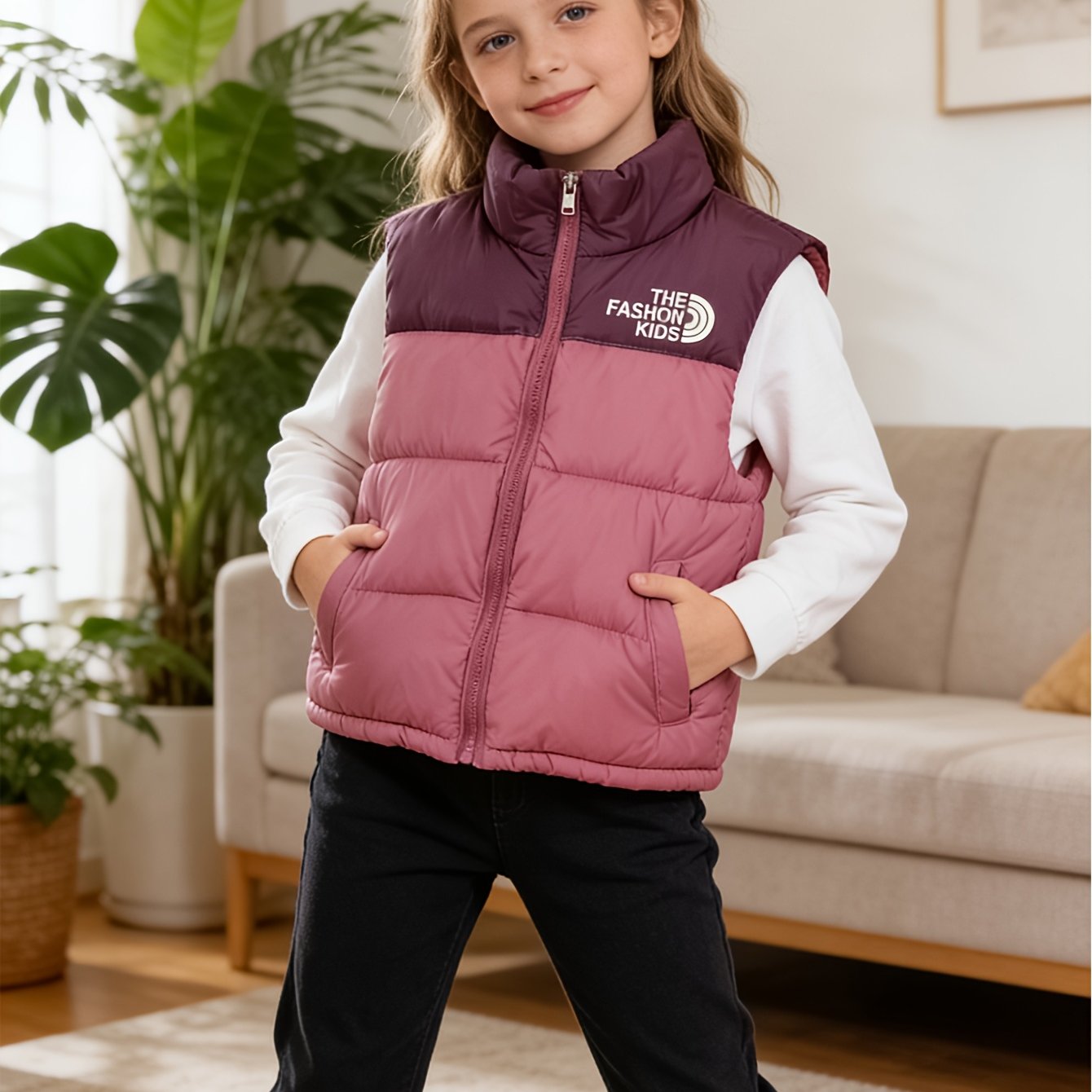 Image of 1pc Autumn And Winter Girls' Single Vest With Zipper Pockets, Small Collar, Thickened Warm Vest, Easy And Versatile Outerwear For Girls