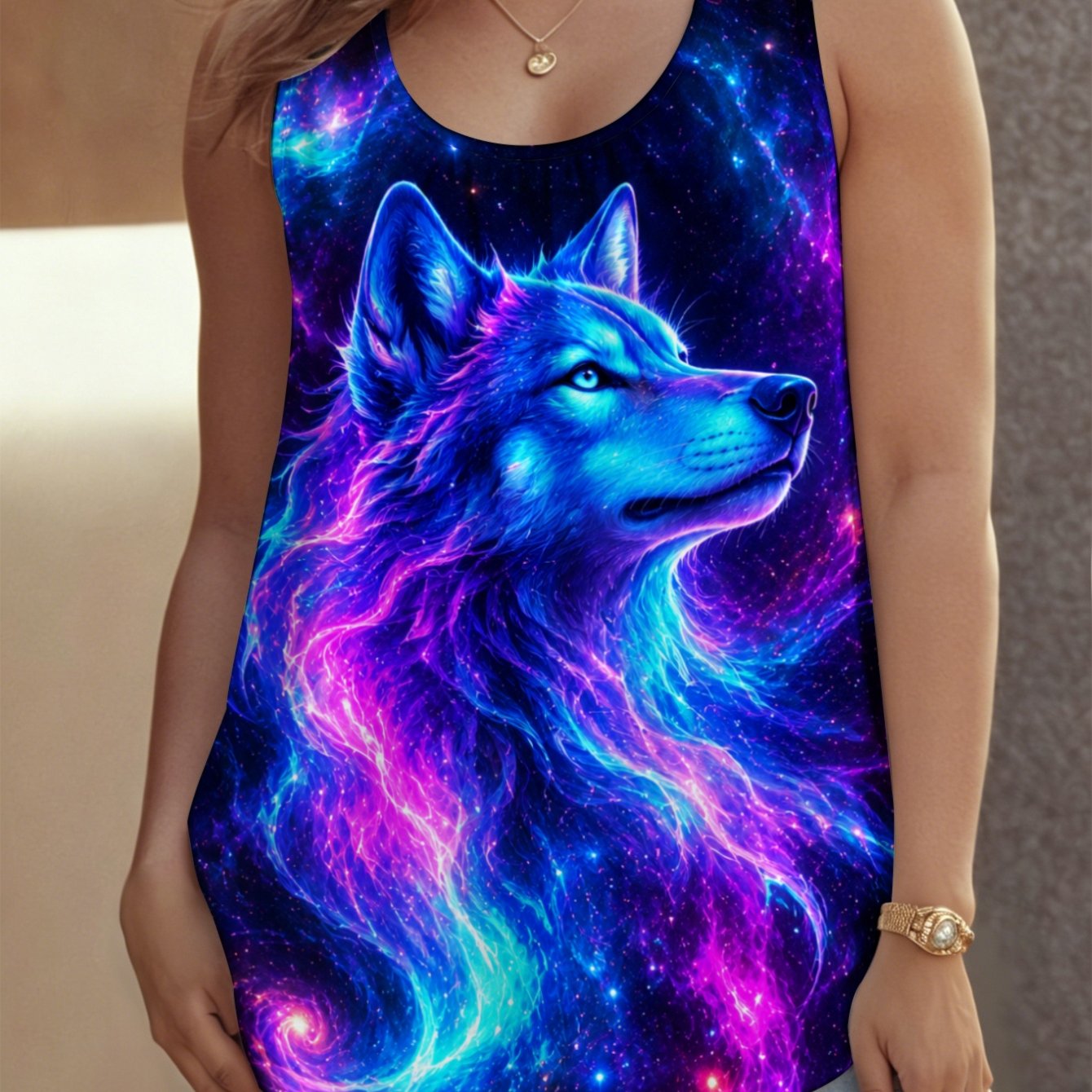 TEMU Plus Size - Women's Plus Size Crew Neck Sleeveless Tank Top, Sizes 0xl-9xl Galaxy Wolf Art Friendly Versatile Plus Size Suitable For , Beach ,