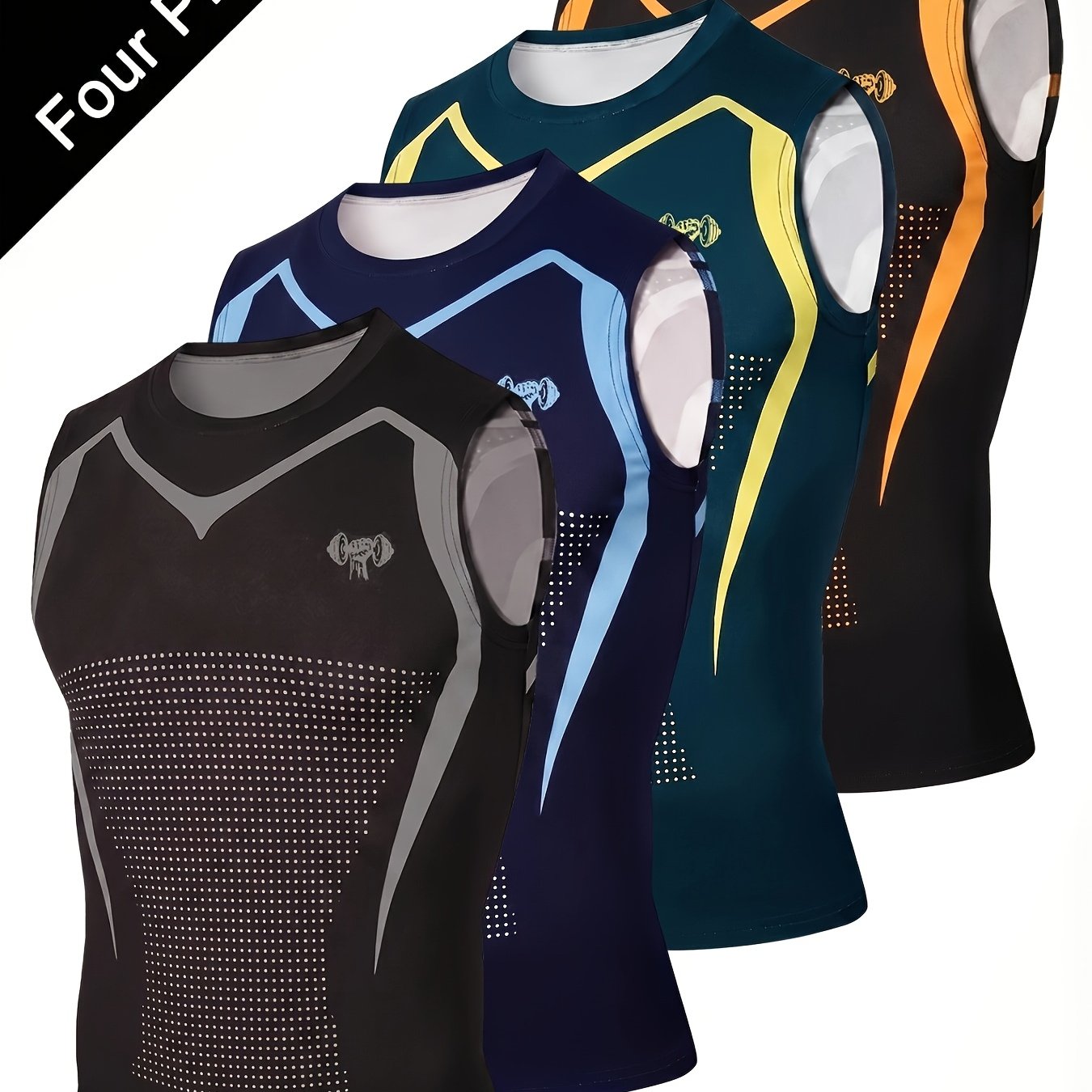 Image of [shule Water Obm] 4pcs Set Of Print Pattern Men's Elastic Breathable Sleeveless Vests, Moisture-wicking And Comfortable, Suitable For Running, Fitness, And Outdoor Activities