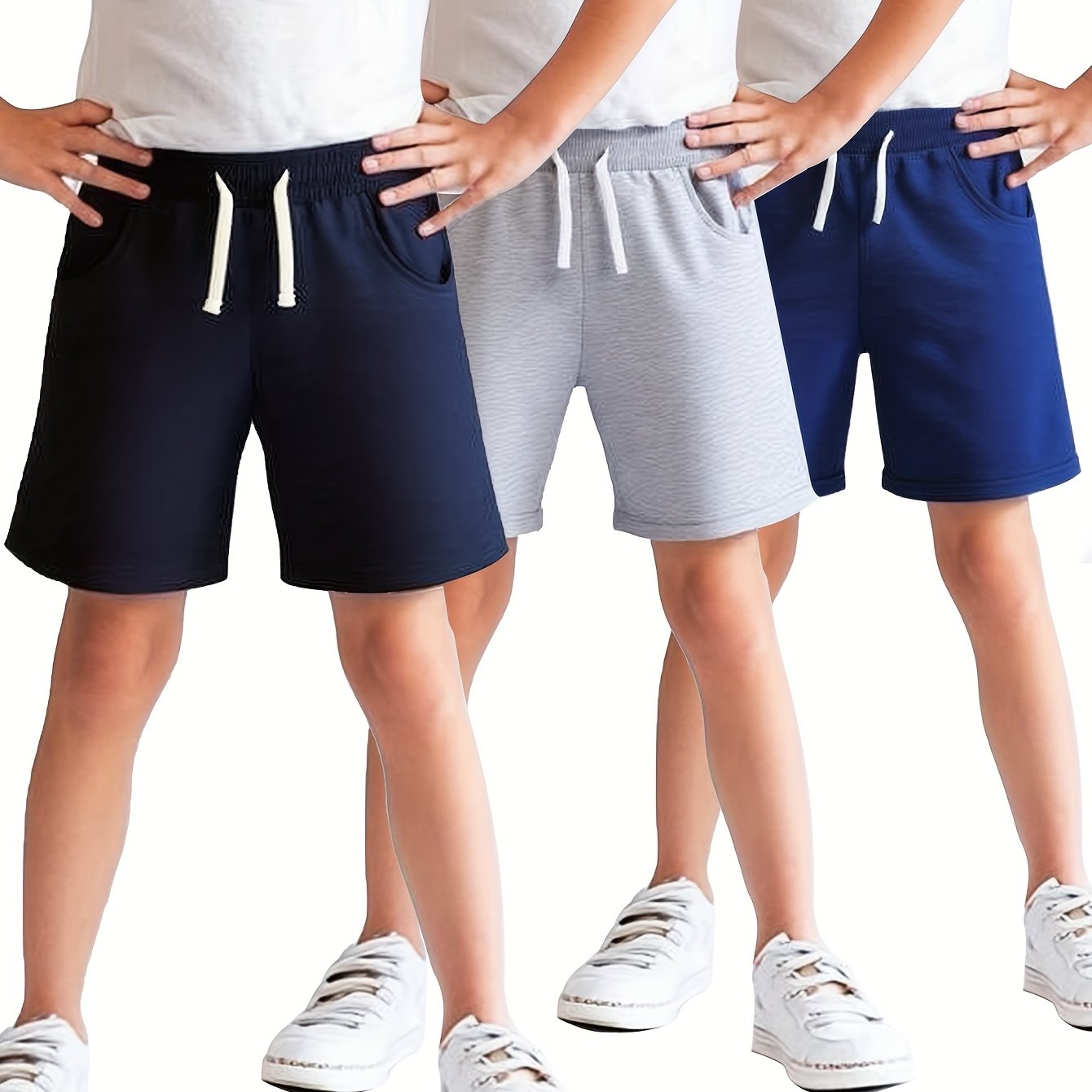 3pcs Set Boys' Shorts Summer With Pockets Drawstring Solid Shorts, For Outdoor