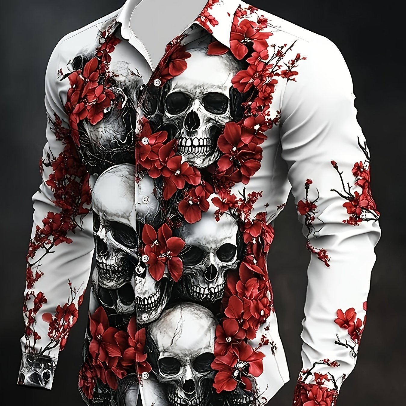 Image of Halloween Skull Shirt, Red Floral Full Print Men's Long Sleeve, Dark Festive Attire, Autumn Menswear, Skull Print, Floral Print, Botanical Print, Gothic, Rock, Regular, Classic Collar, Buttons