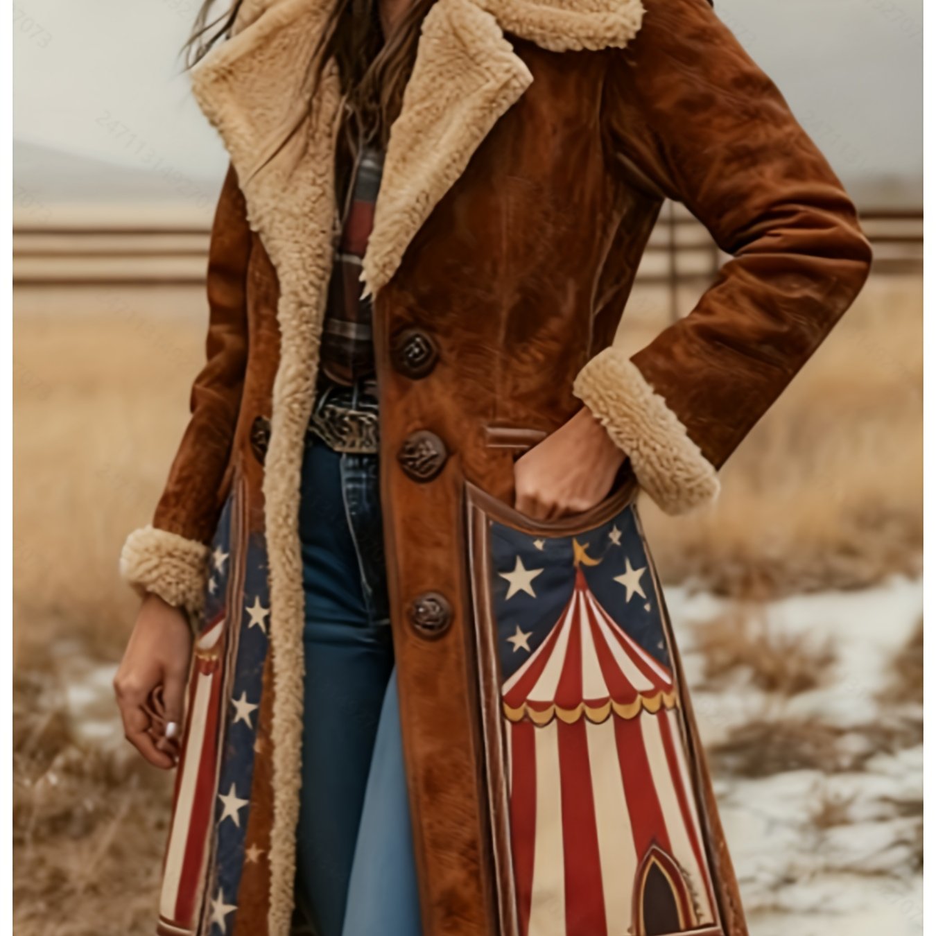 Ladies' Long-sleeved Retro Jacket With A Printed Design, Not Textured, Perfect For Autumn And Winter - Featuring A Stylish Lapel Coat In A Western Print