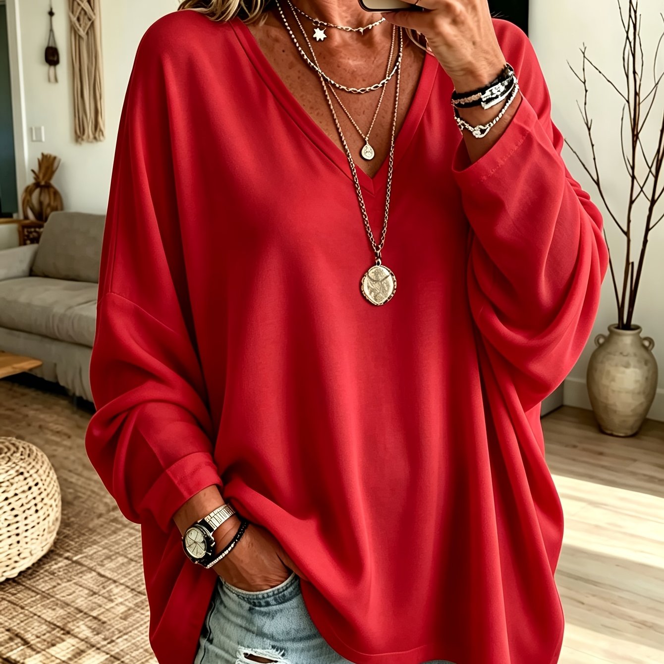 TEMU Plus Size, Women's Plus Size V-neck Top, Elegant, Comfortable, And Simple Solid Color Plus Size Women's V-neck Long Sleeve T-shirt - Stylish And