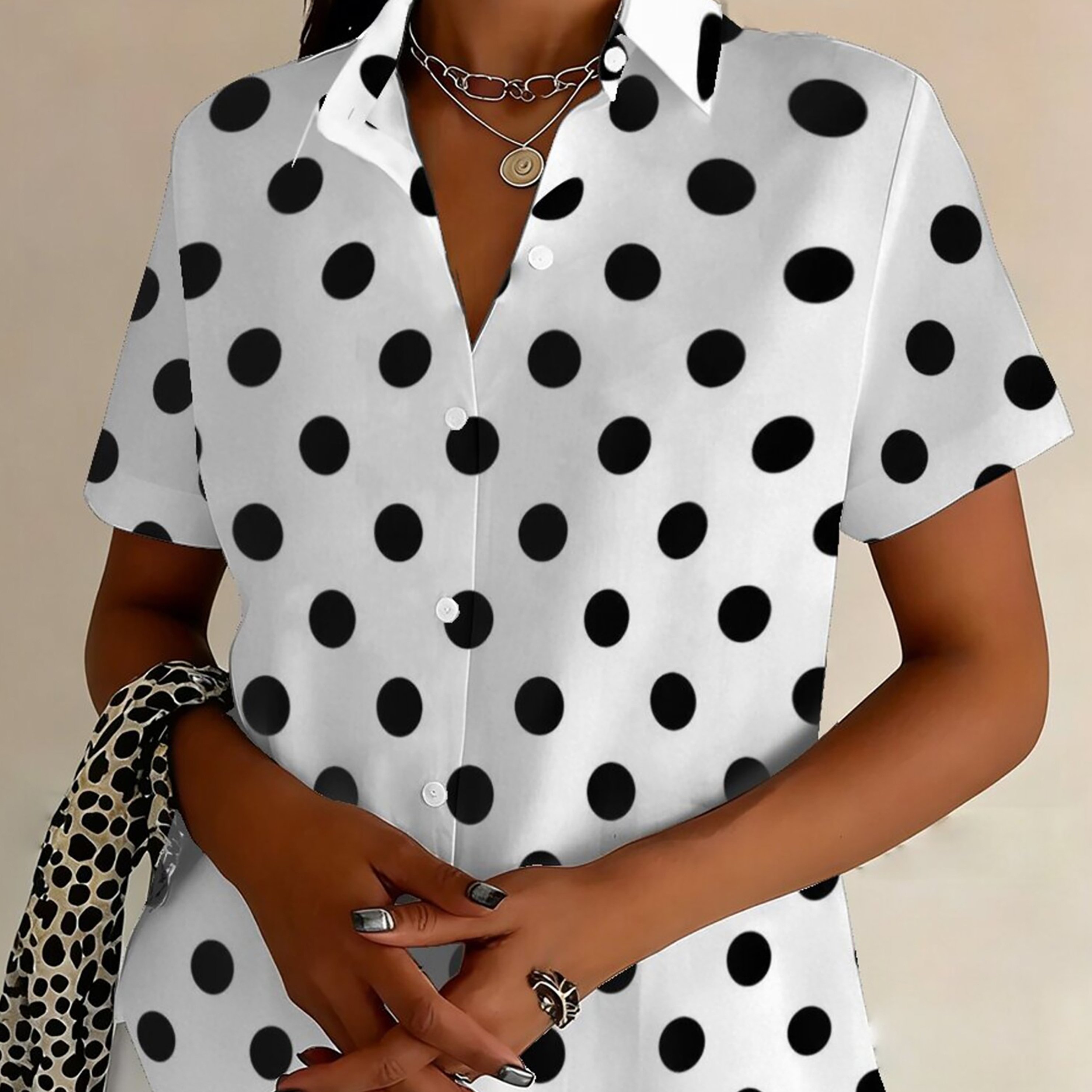 TEMU Plus Size, Plus Size Women's Casual Short Sleeve Black Polka Dot Print Button-up Shirt Fashion Collared Cardigan