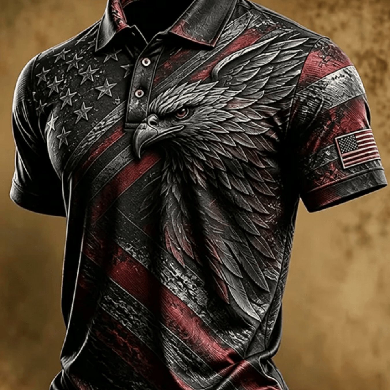 TEMU Men's Black And Red Vintage Short-sleeve Shirt With White-headed Eagle And Slanted Stars And Stripes Retro Print, Workwear Motorcycle Style Top