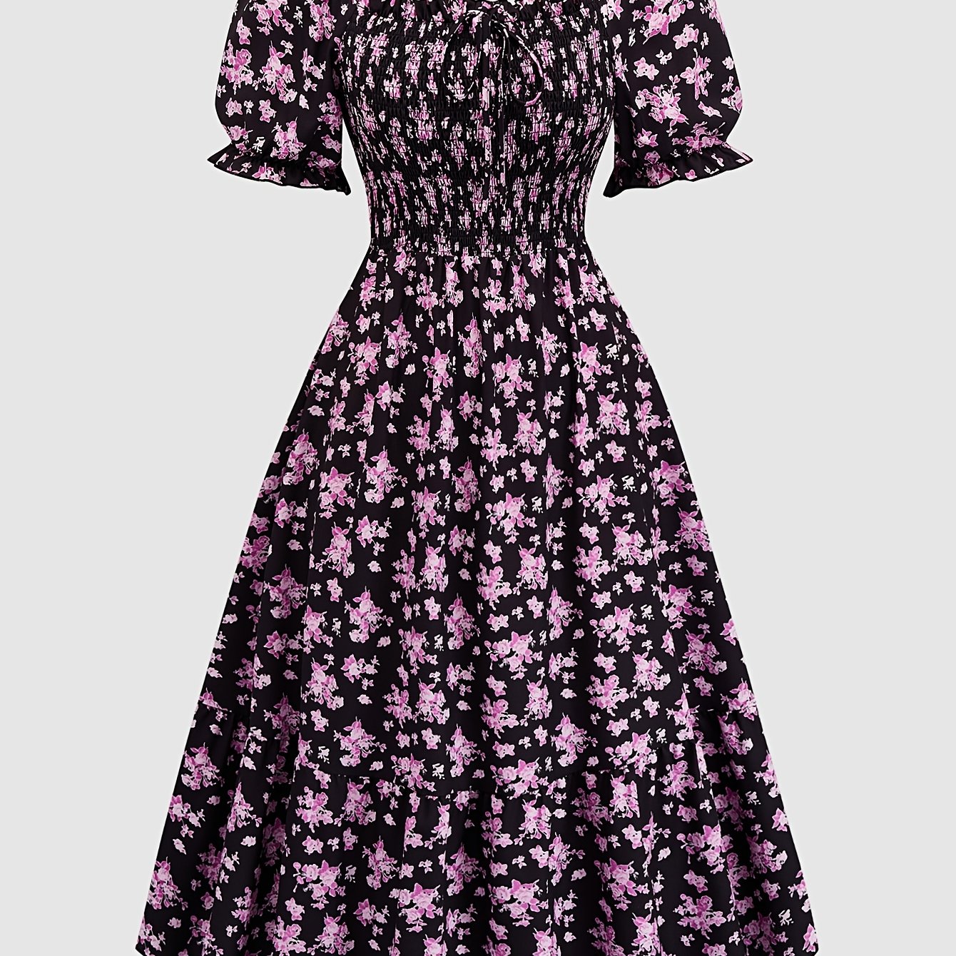 Plus Size Floral Print Shirred Waist Dress, Elegant Square Neck Short Sleeve Tie Front Dress For , Women's Plus Size Clothing